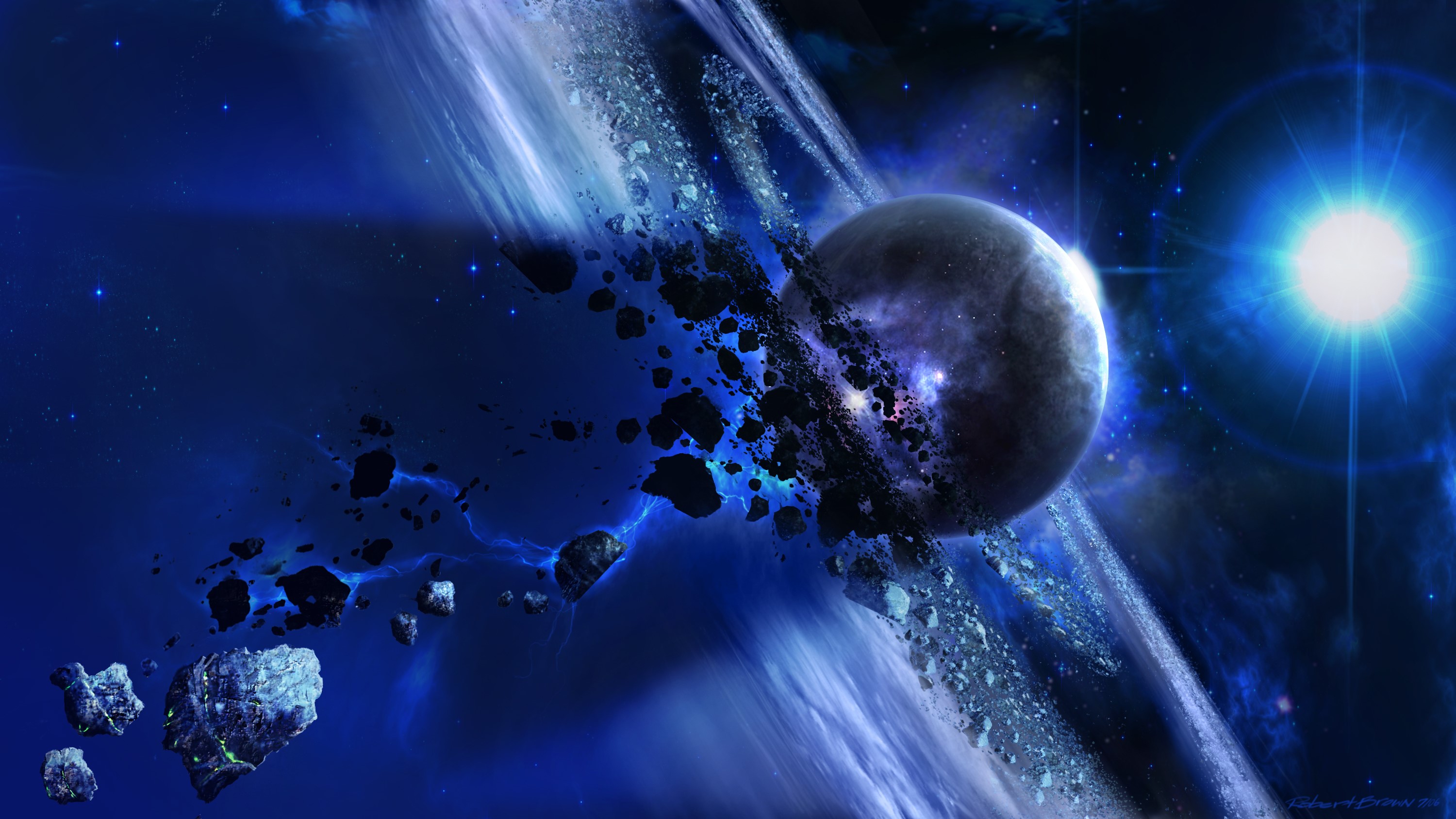 Planet with rings and asteroids in space HD Wallpaper