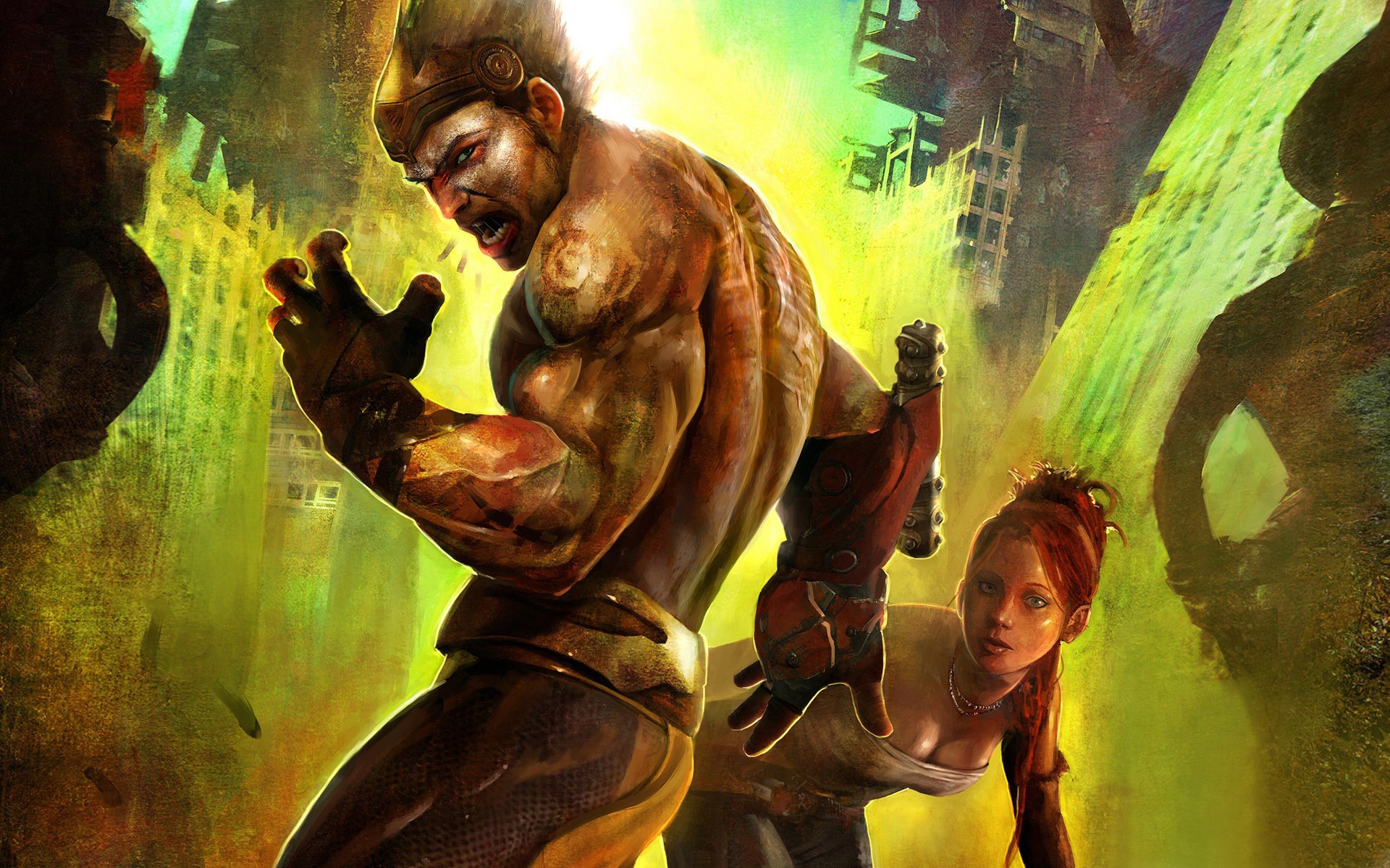 Man and woman in a ruined city HD Wallpaper