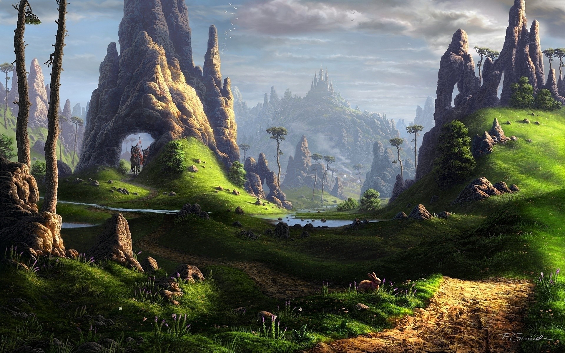 Fantasy landscape with rock formations and a castle HD Wallpaper