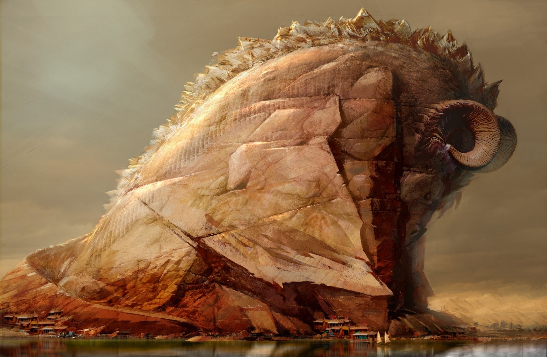 Giant Ram-headed Mountain with Village by Water HD Wallpaper