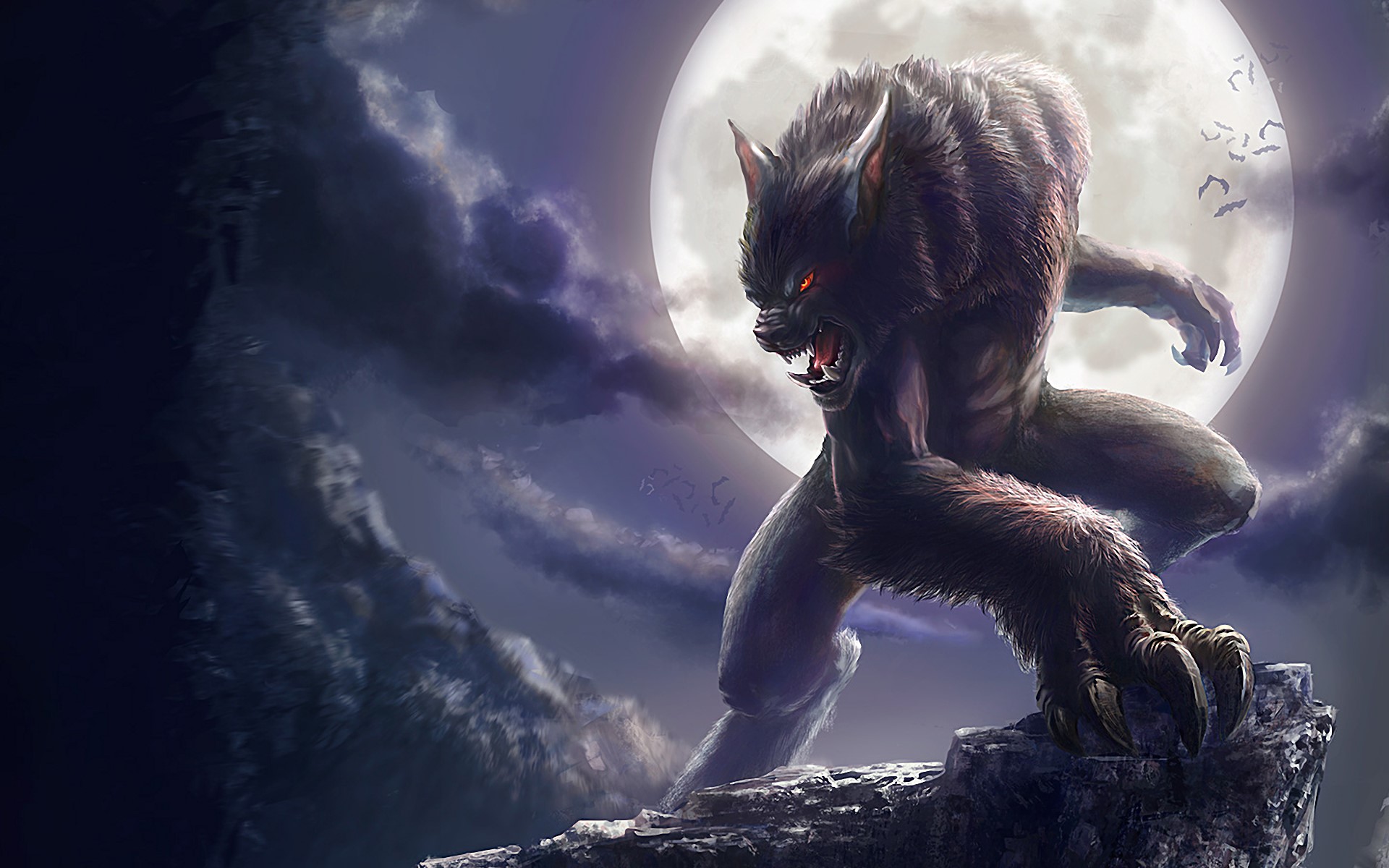Werewolf howling at the full moon on a cliff HD Wallpaper