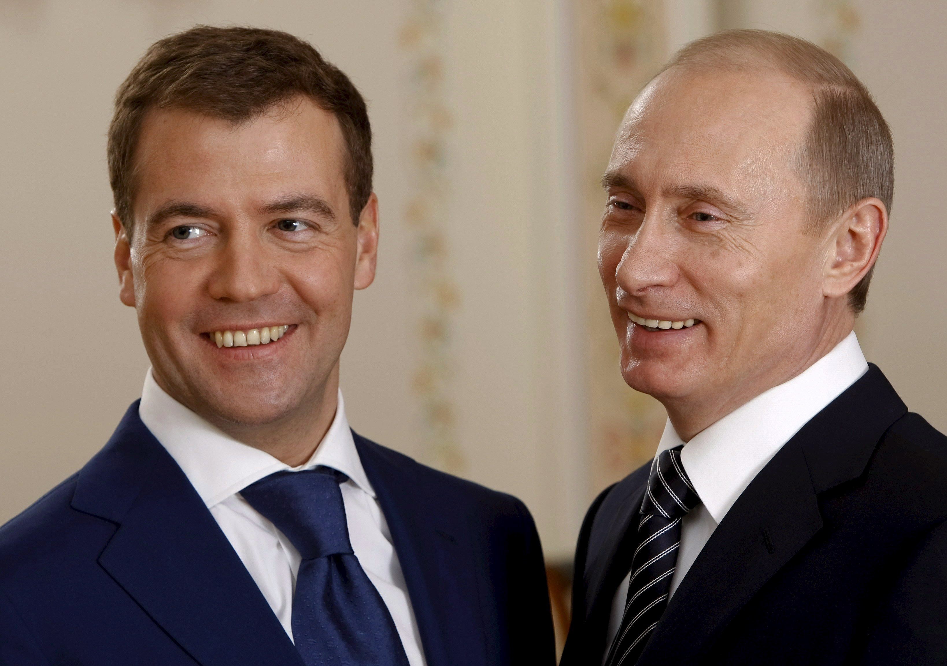 Dmitry Medvedev and Vladimir Putin Smiling Together HD Wallpaper