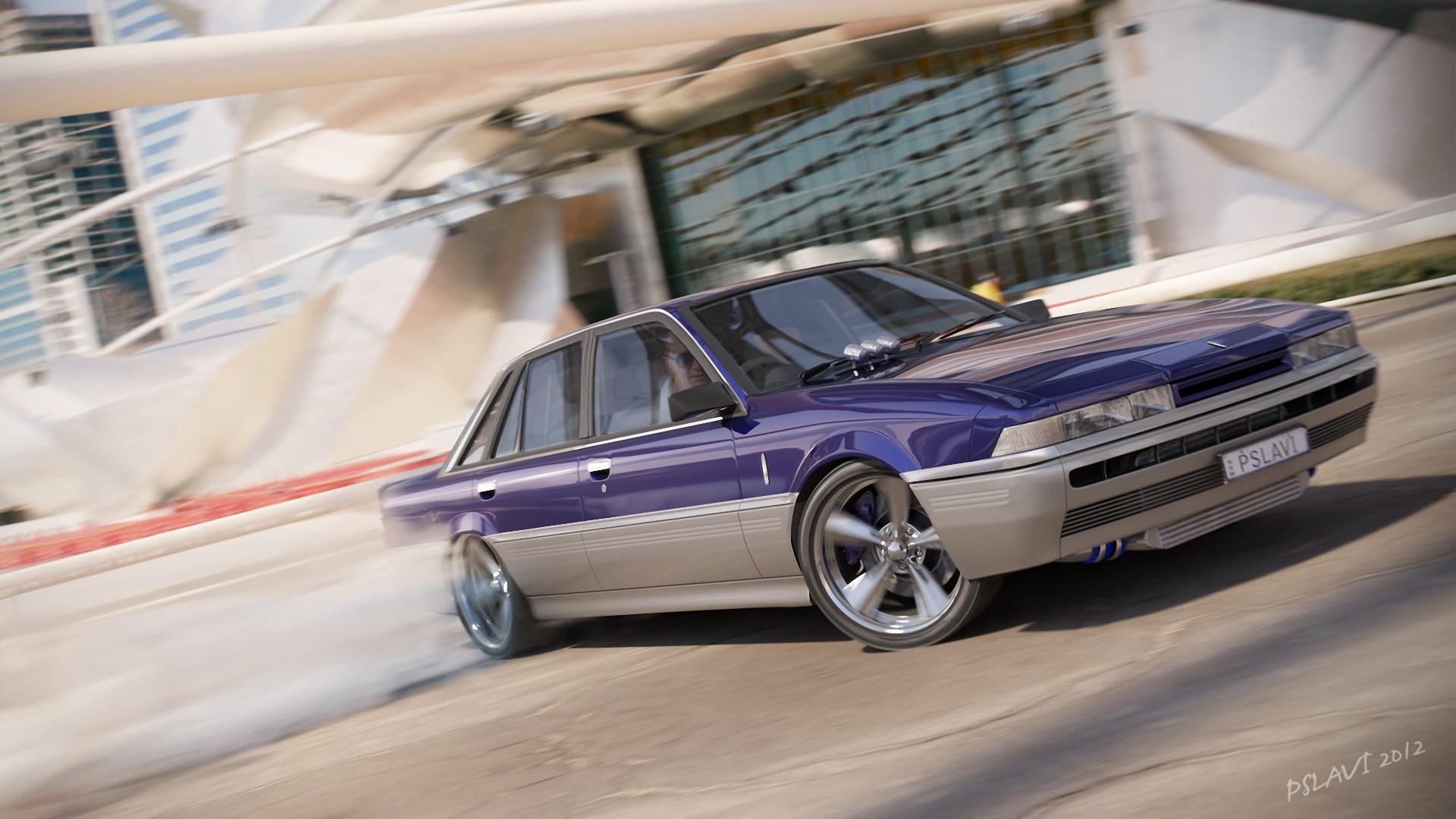 Purple sedan drifting on a track HD Wallpaper