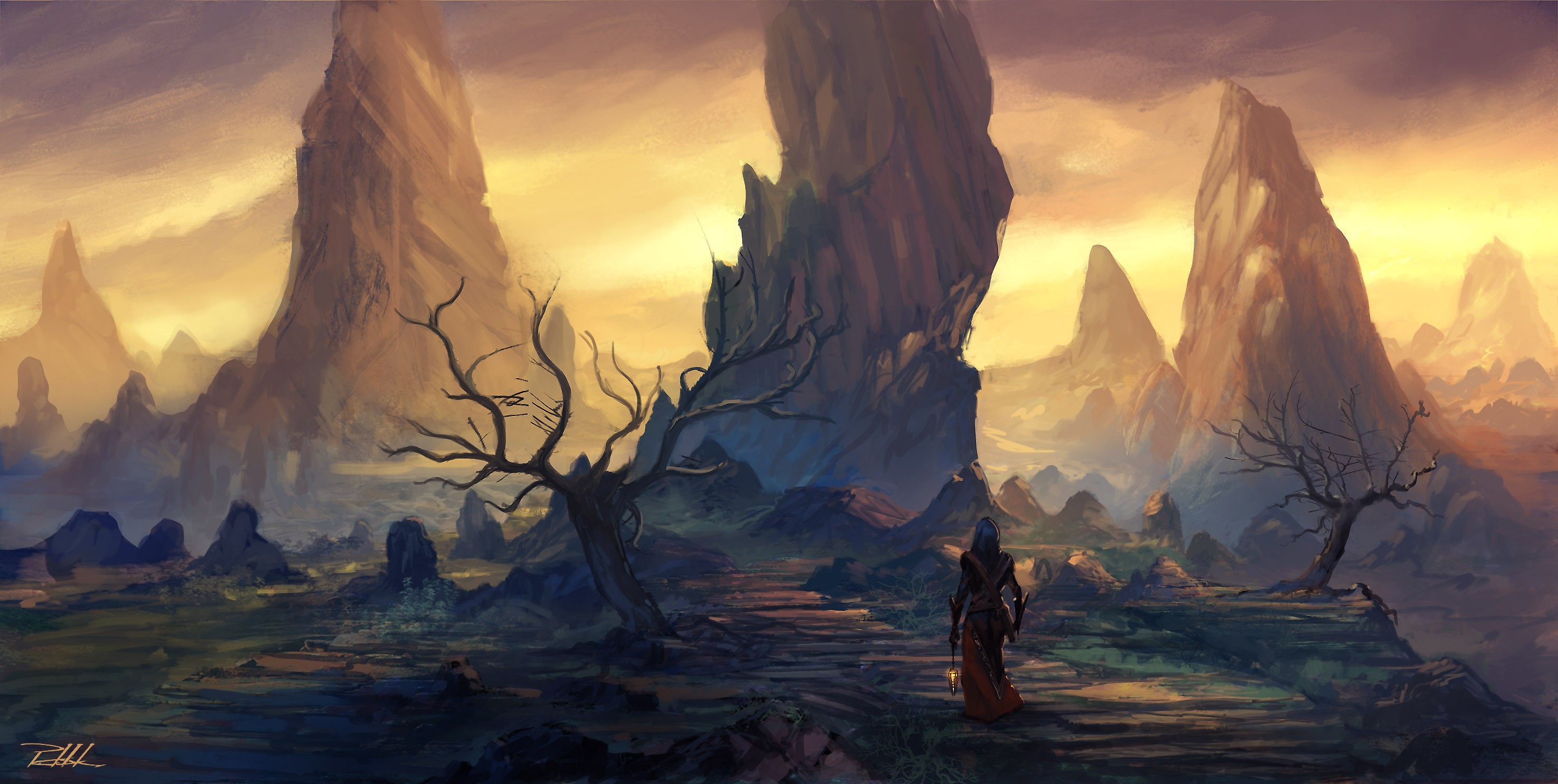 A lone traveler with a lantern walks through a rocky, alien landscape. HD Wallpaper