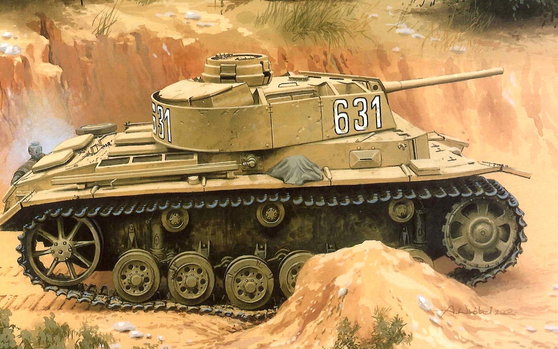 Painting of a German Panzer 38(t) tank in desert camouflage HD Wallpaper