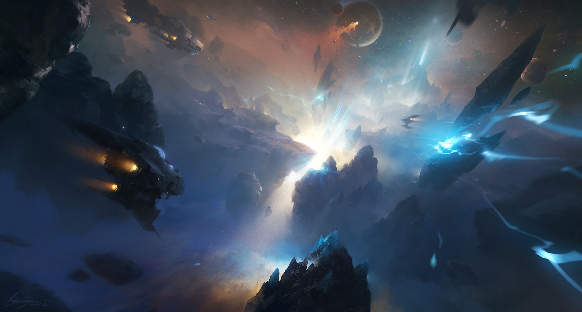 Spaceships navigating a rocky asteroid field with bright light. HD Wallpaper