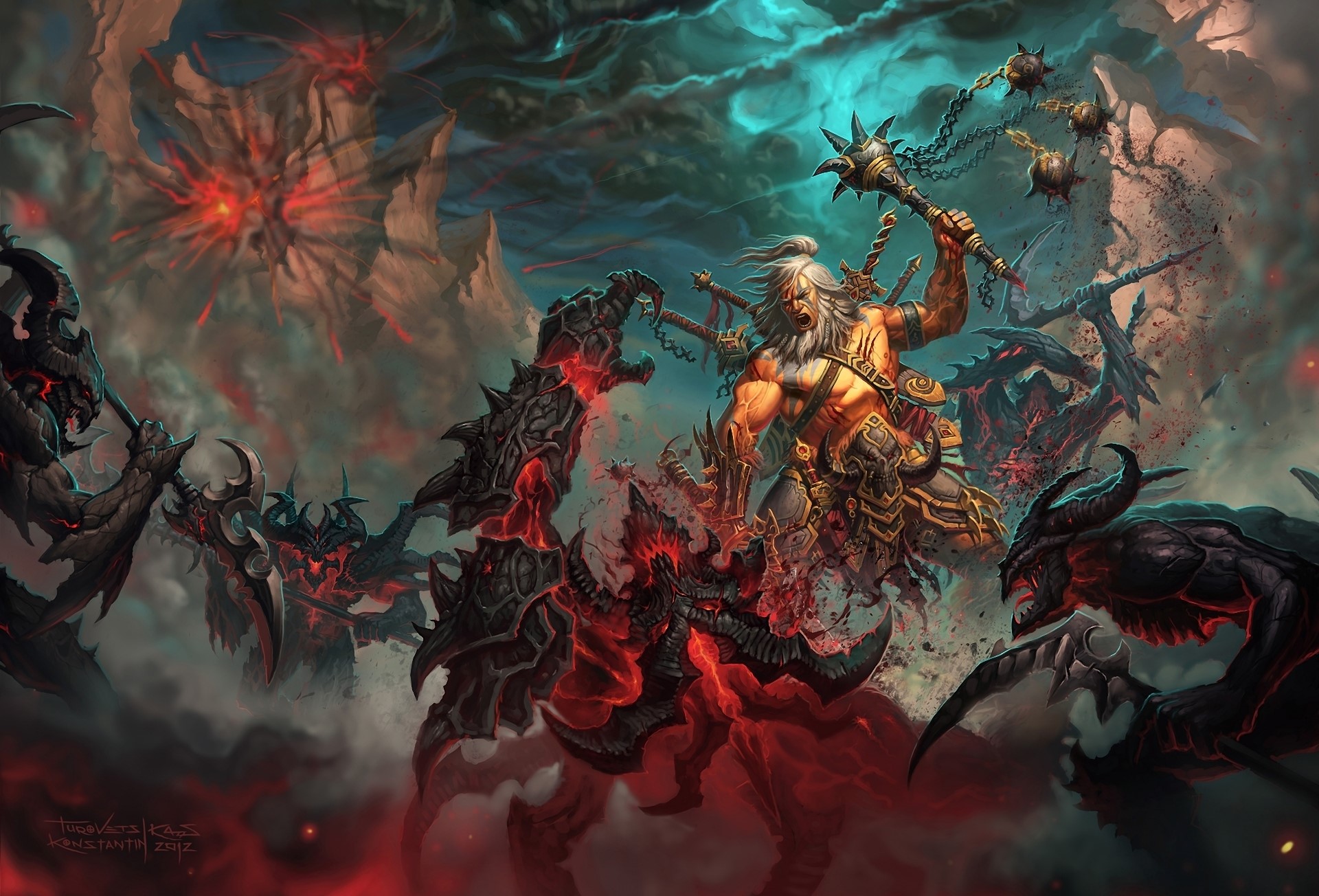 Barbarian fighting demons in Diablo III HD Wallpaper