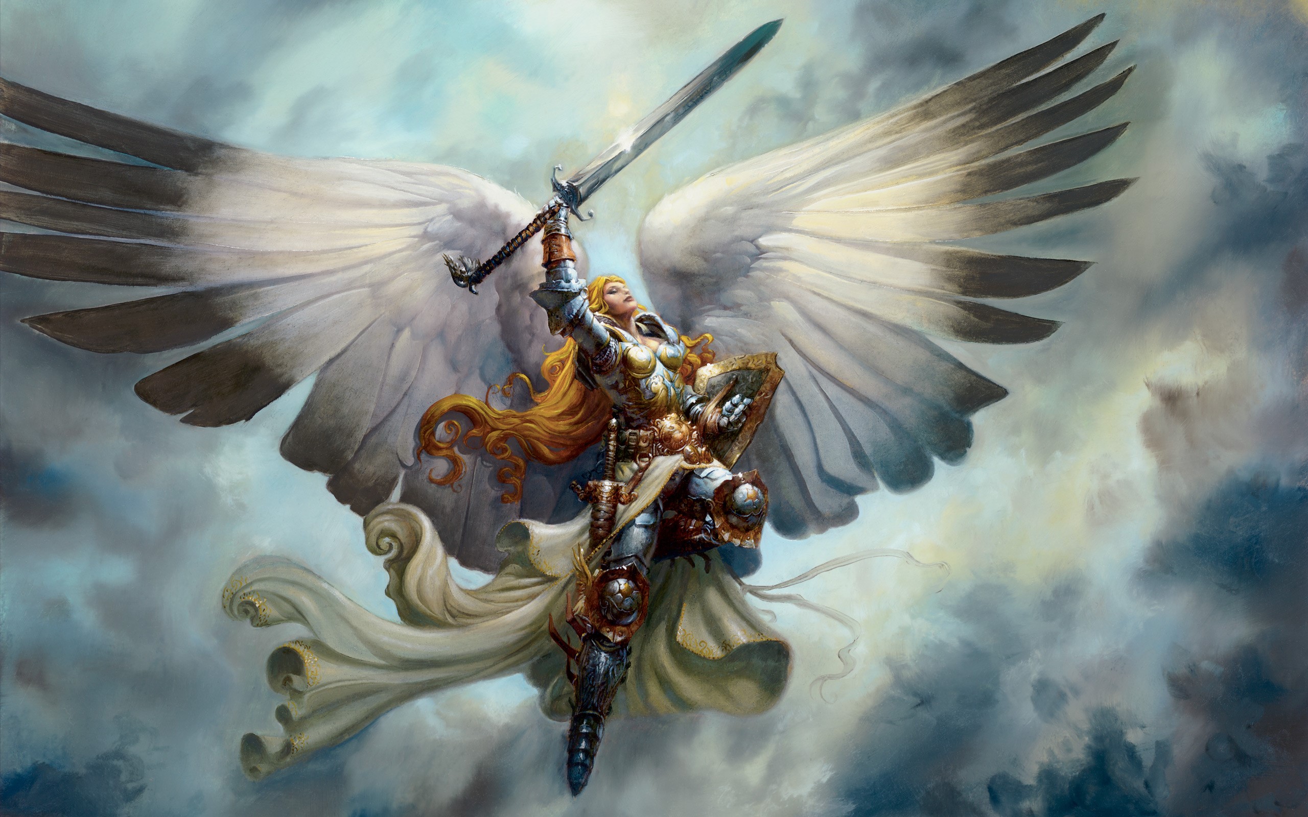 Angel Warrior with Sword and Shield in Sky HD Wallpaper
