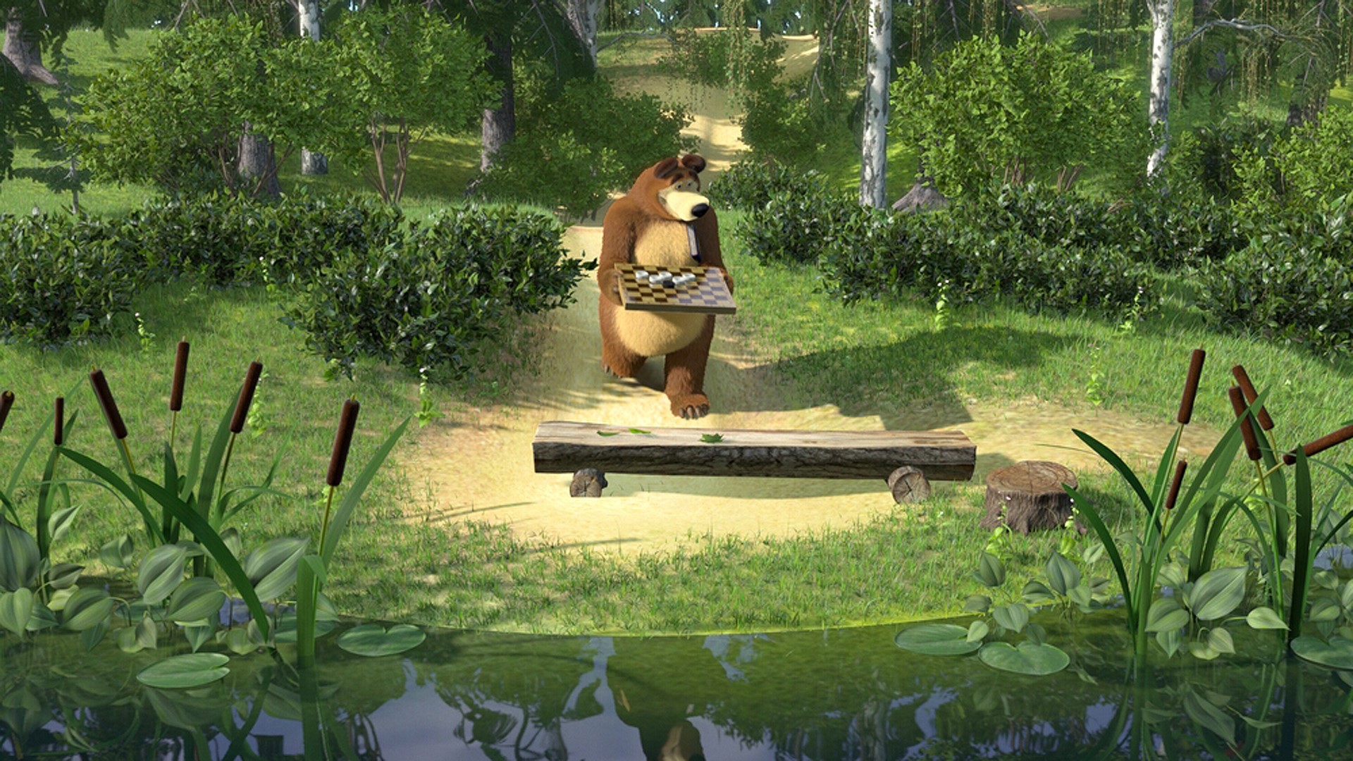 Bear from Masha and the Bear holding a checkerboard HD Wallpaper