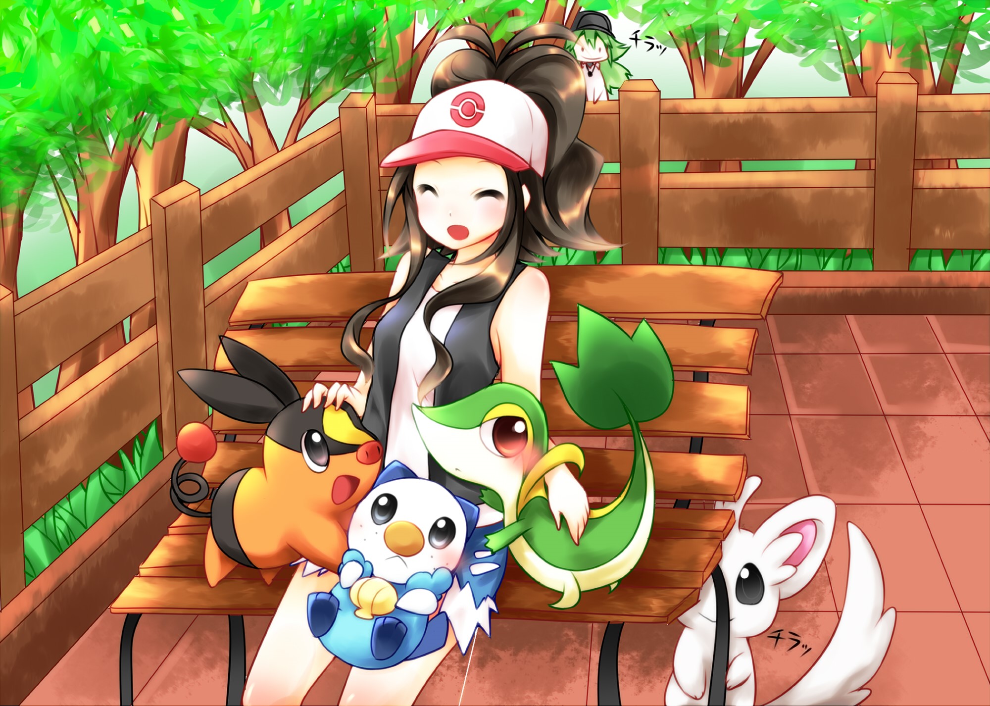 Girl with Pokémon on a bench HD Wallpaper