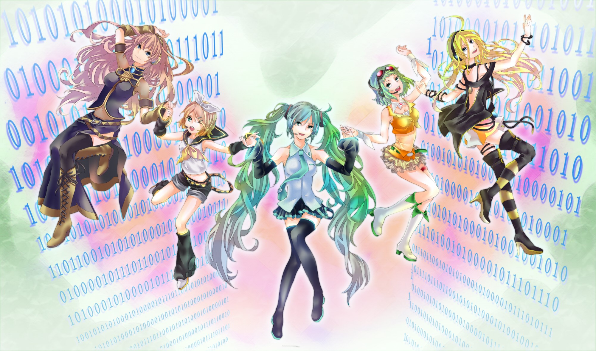 Vocaloid characters dancing with binary code background HD Wallpaper