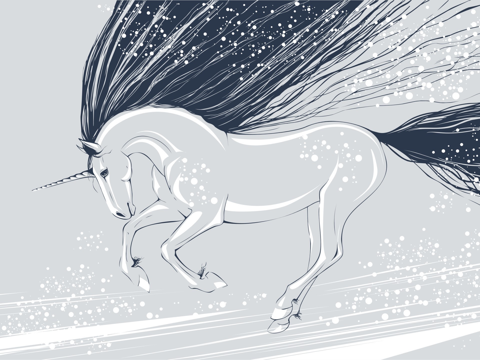 A white unicorn with a dark mane running through snow HD Wallpaper