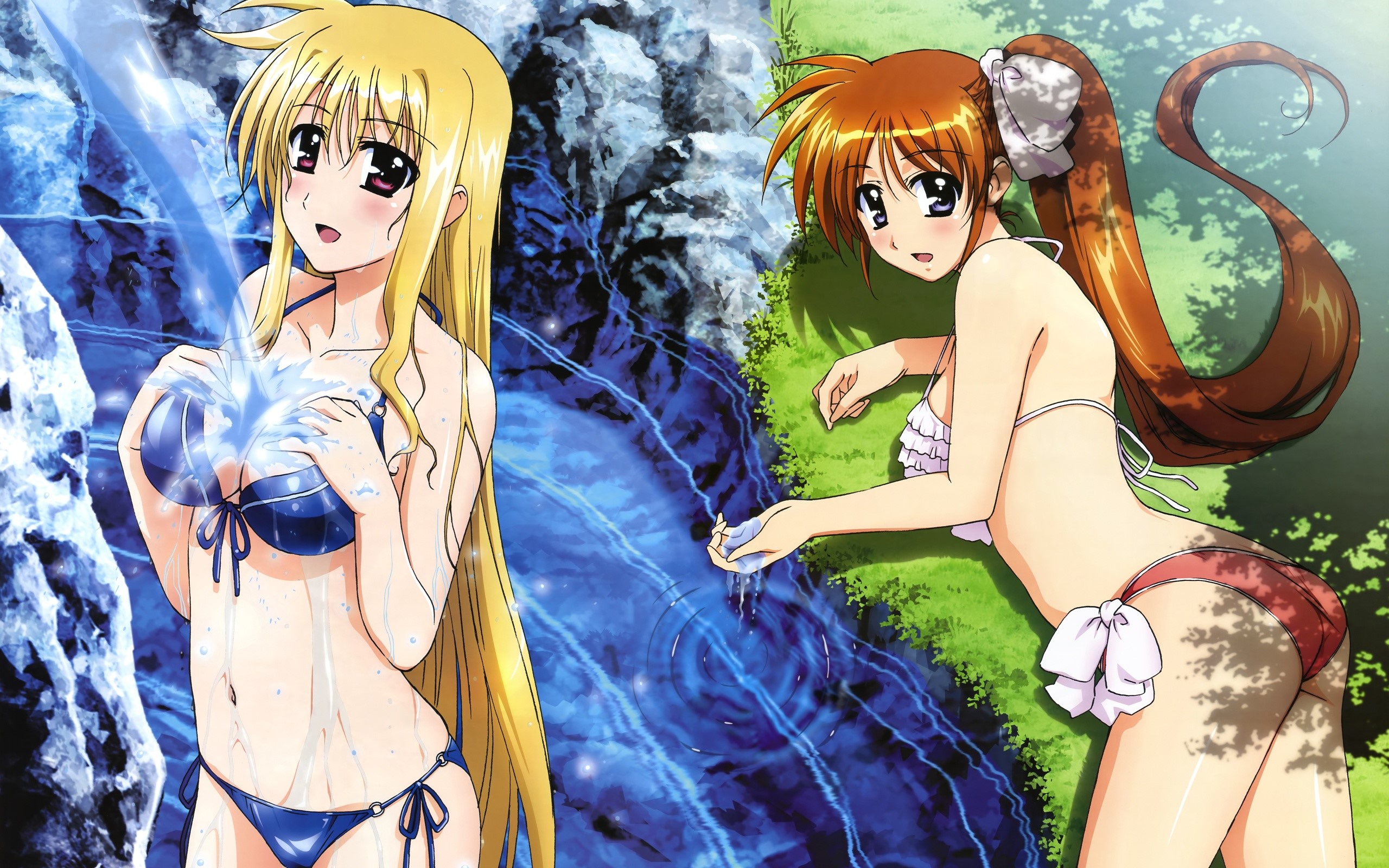 Two girls in bikinis by a waterfall HD Wallpaper