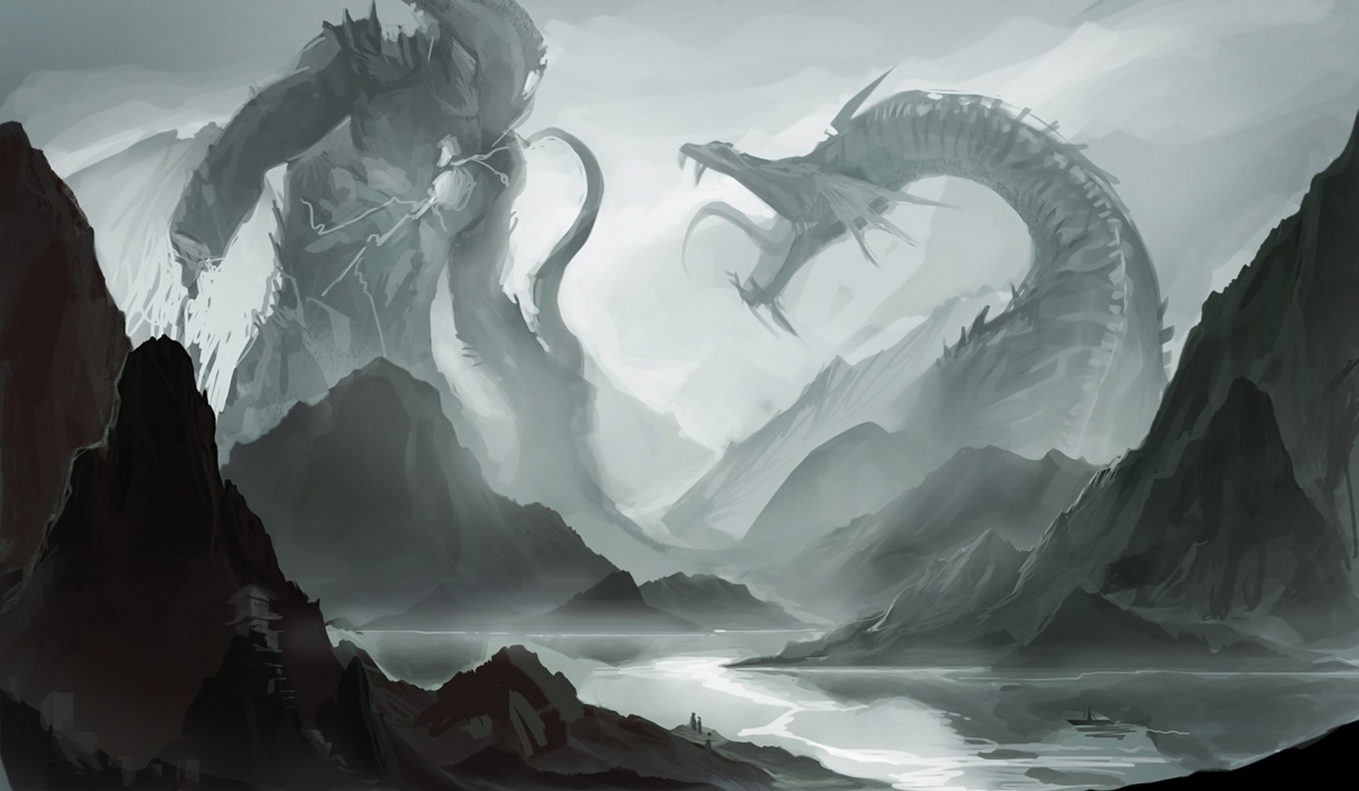 Giant monsters battling in a misty mountain landscape HD Wallpaper
