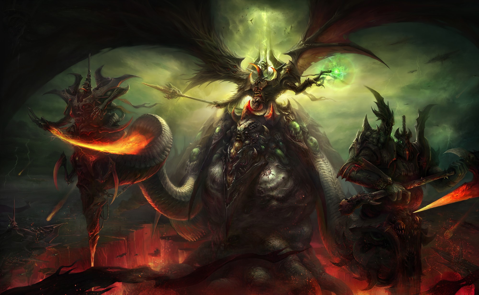 Demonic creatures in a hellish landscape HD Wallpaper