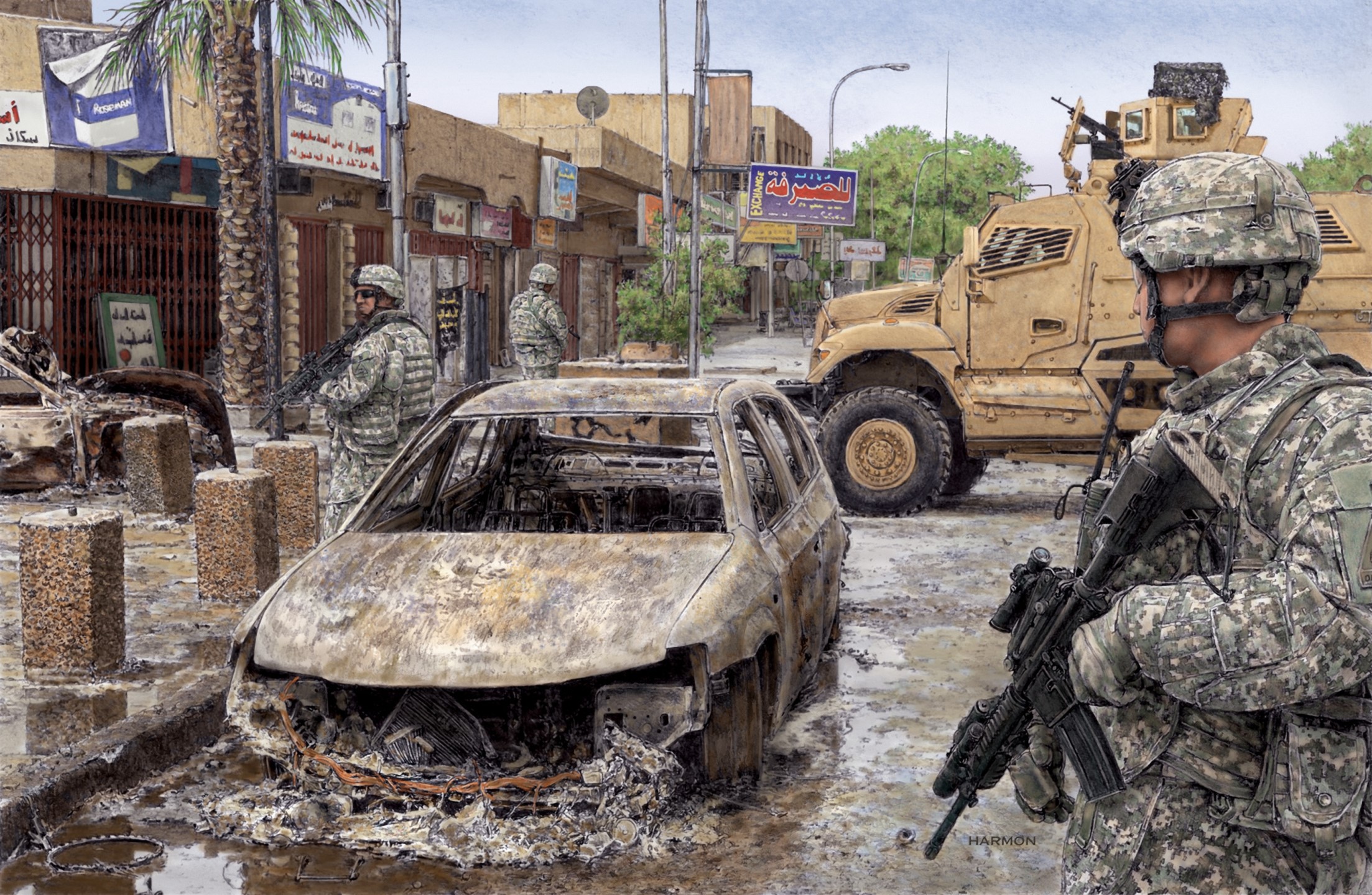 Soldiers in a war-torn street with a burnt car and military vehicle HD Wallpaper