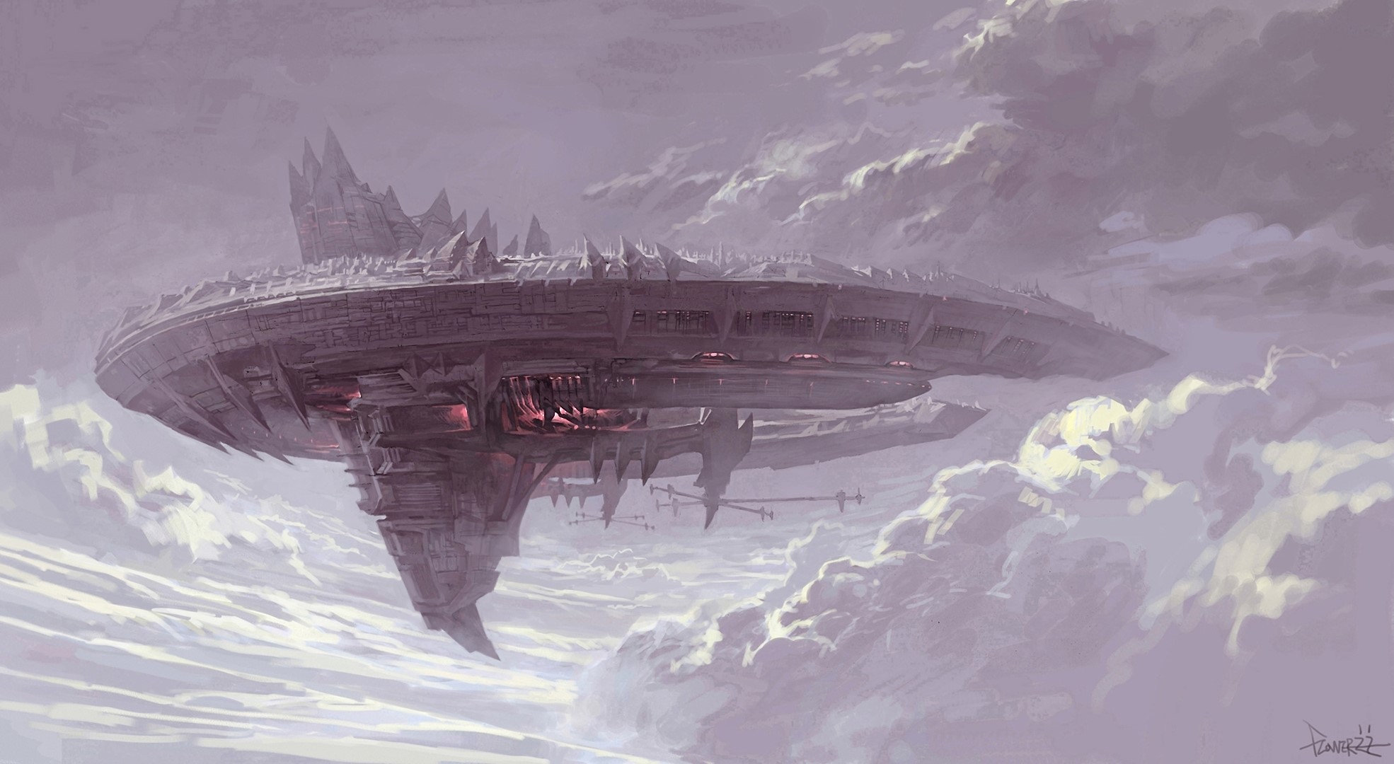 Massive alien spaceship hovering in clouds HD Wallpaper