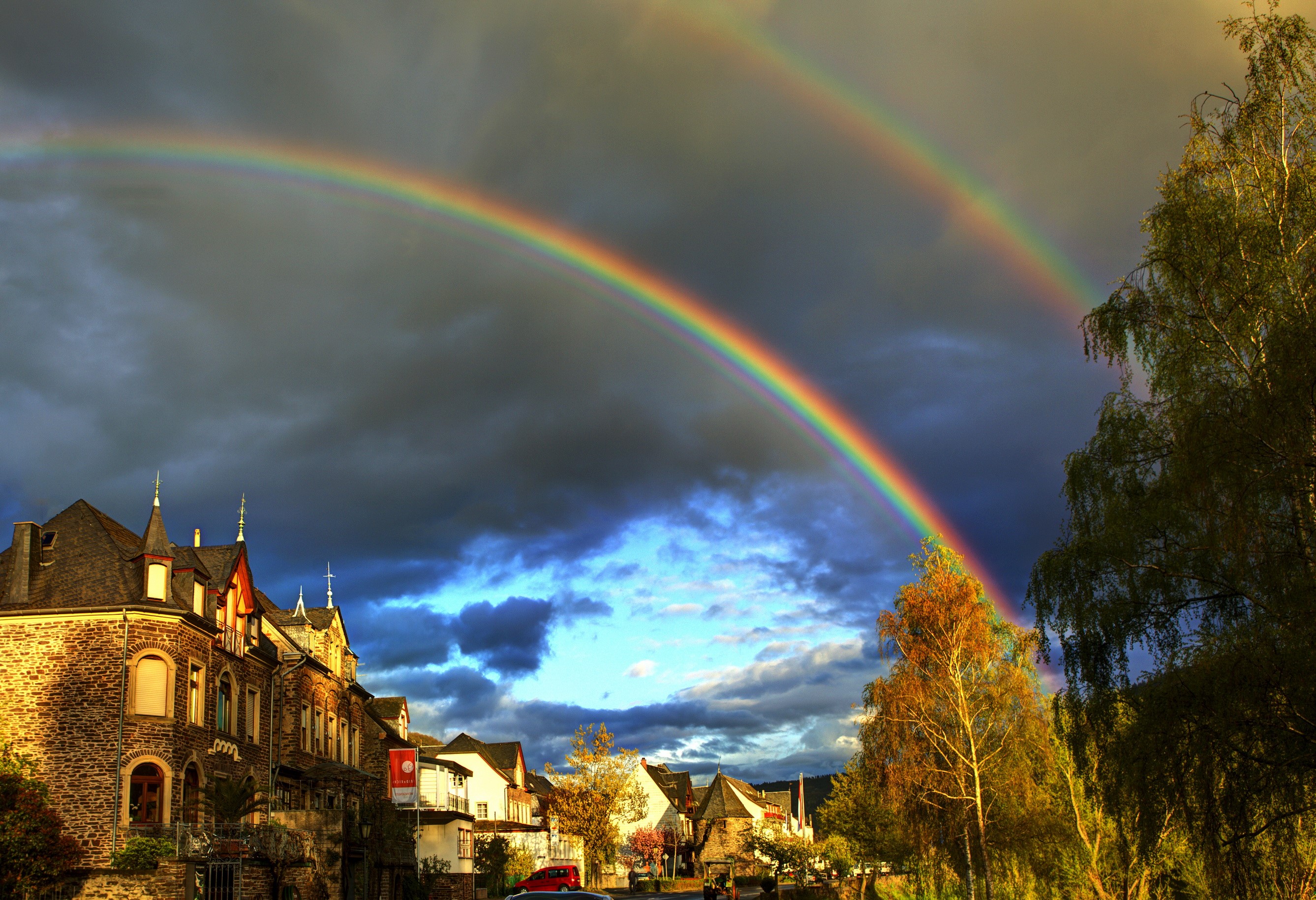 Double rainbow over German town HD Wallpaper