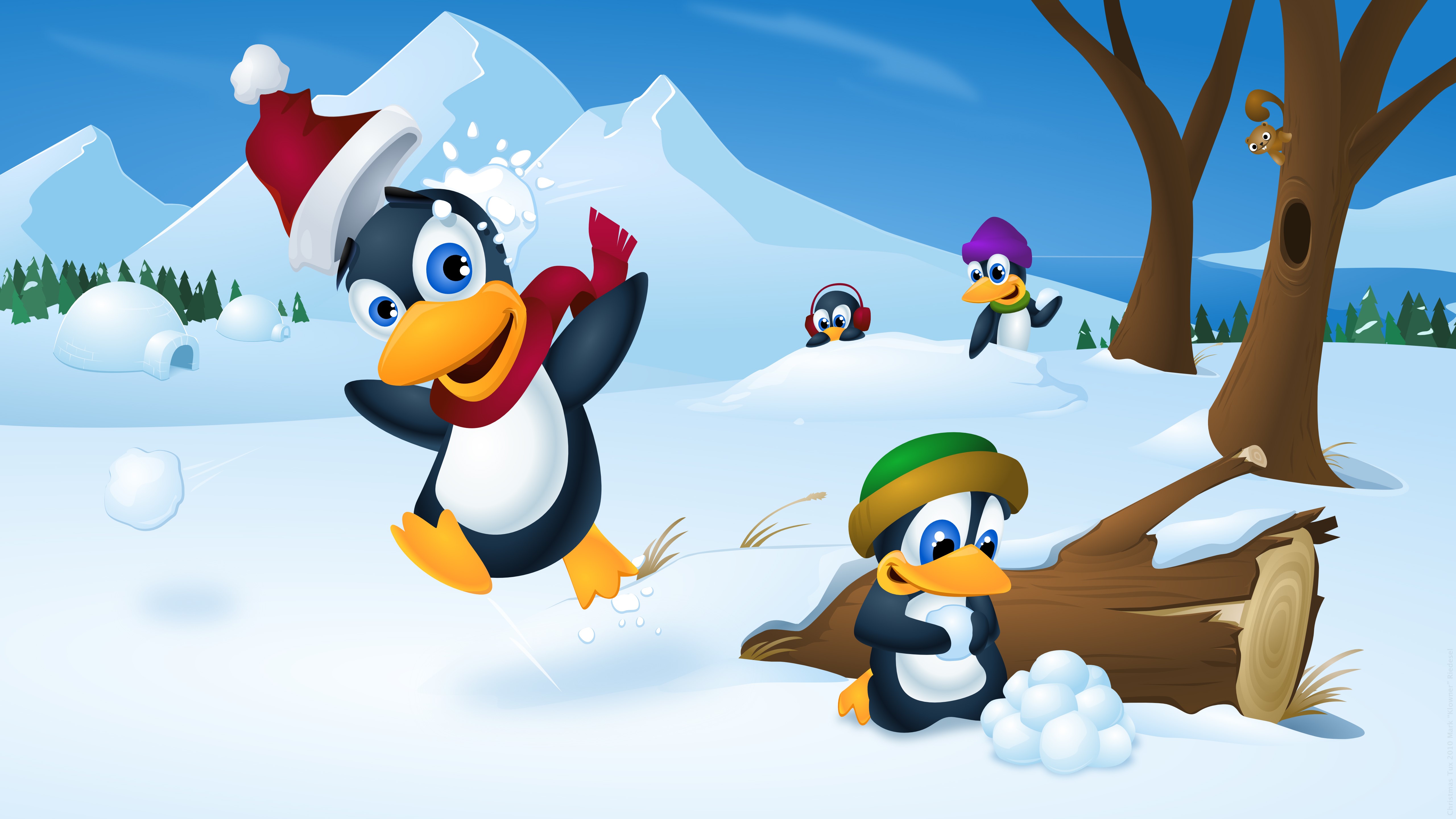 Penguins playing in the snow with a squirrel HD Wallpaper