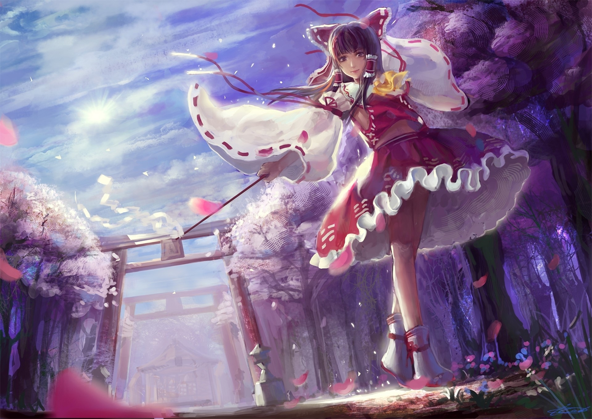 Reimu Hakurei from Touhou Project in a shrine HD Wallpaper