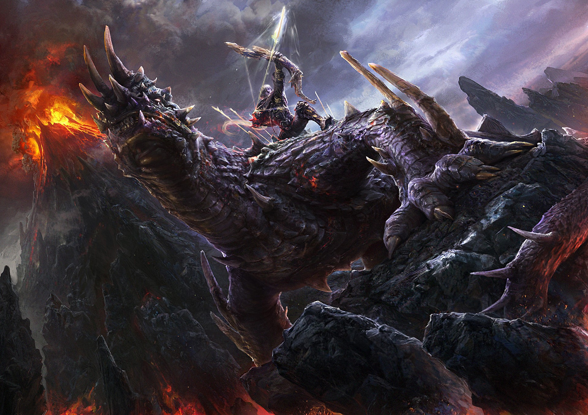 Warrior Archer on Dragon in Fiery Landscape HD Wallpaper