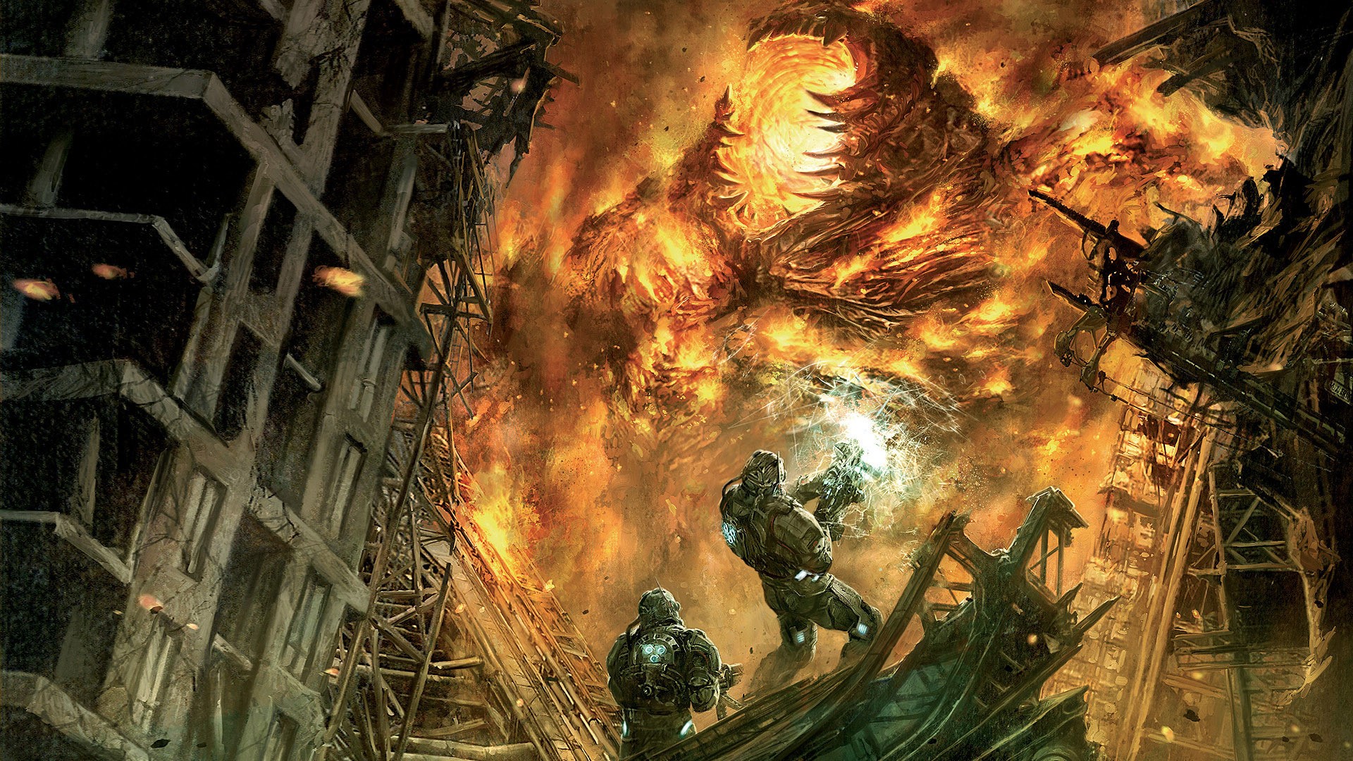 Hellgate: London - Monster and soldiers in a burning city HD Wallpaper