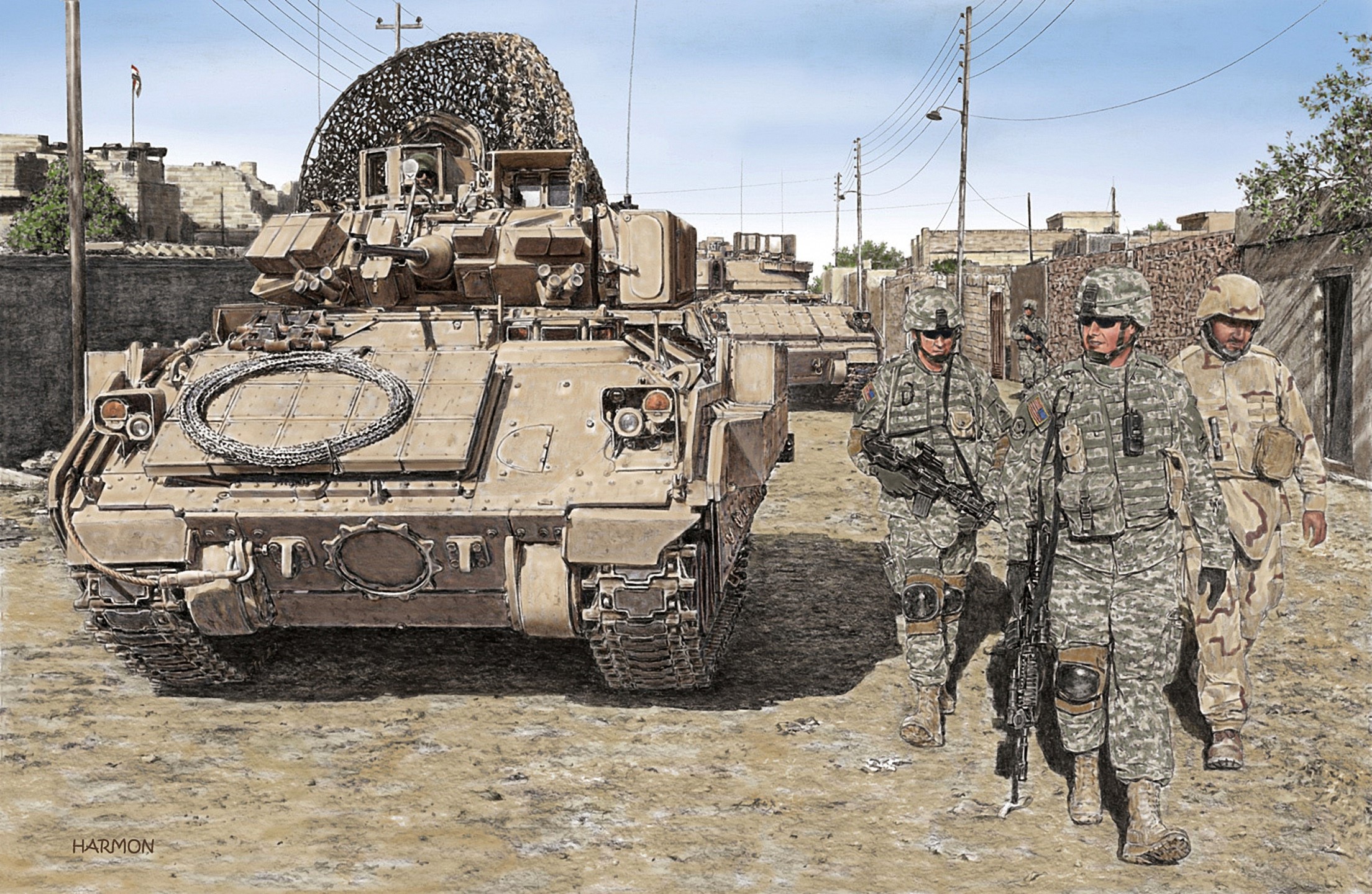 Soldiers and Bradley Fighting Vehicle in a Town HD Wallpaper