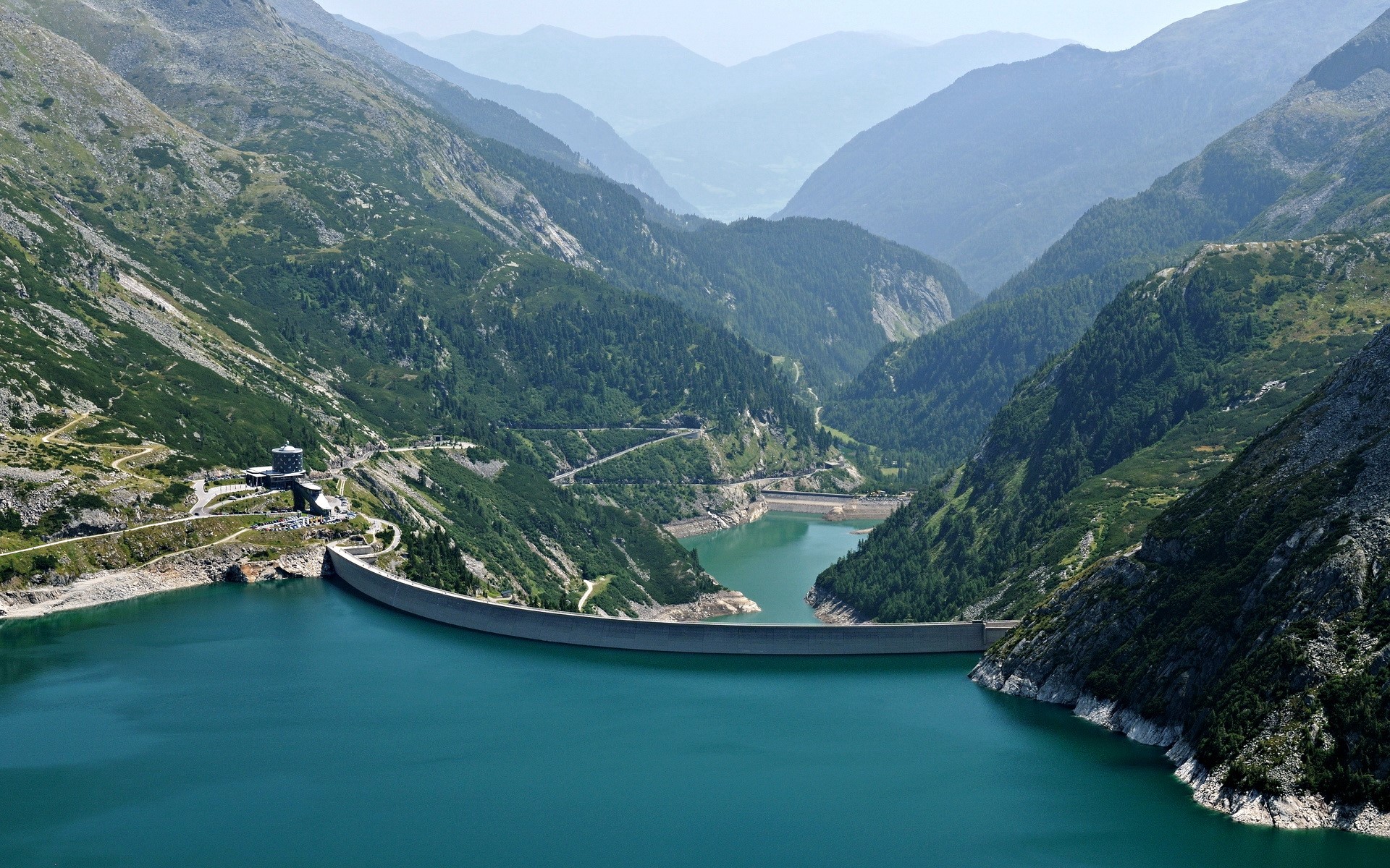 Dam and reservoir in a mountain valley, Austria HD Wallpaper
