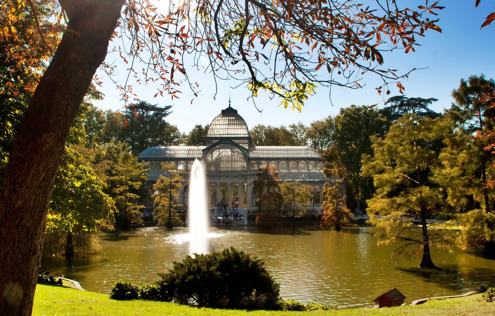 Crystal Palace in Retiro Park with Fountain HD Wallpaper