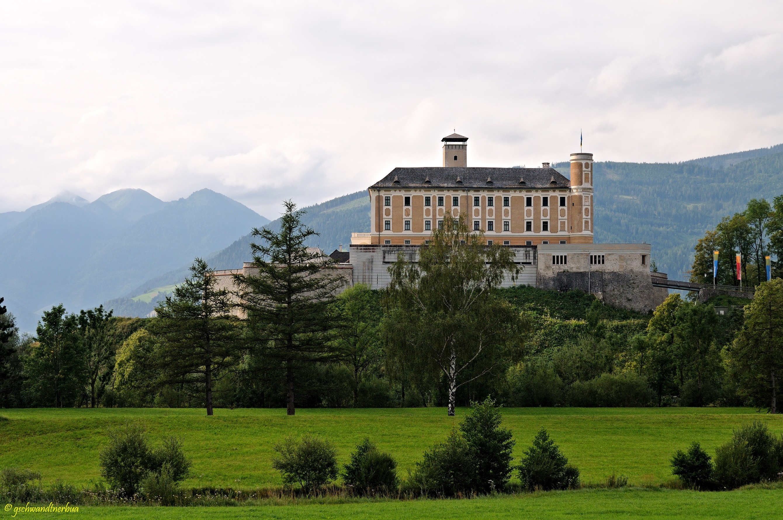 Trautenfels Castle in Austria with Mountains HD Wallpaper