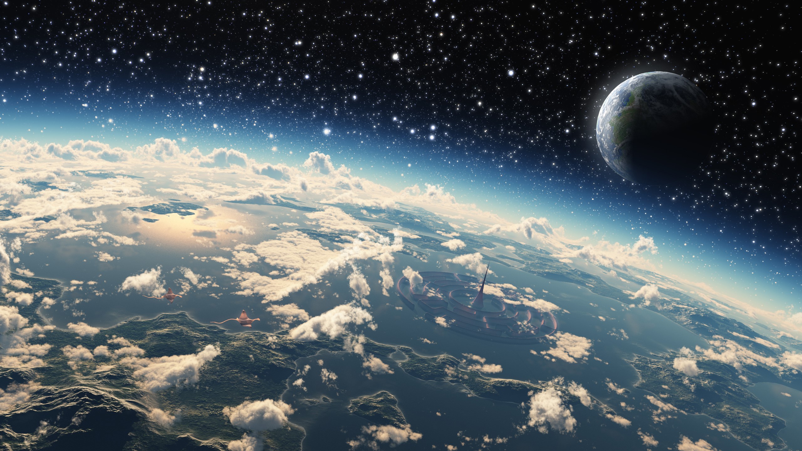 View of Earth from space with stars and moon HD Wallpaper