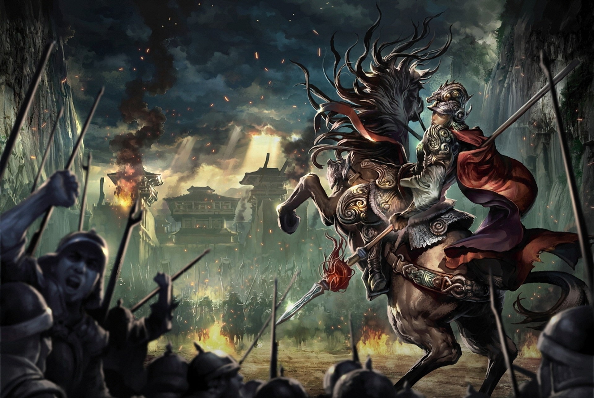 Warrior on horseback leading an army in battle HD Wallpaper