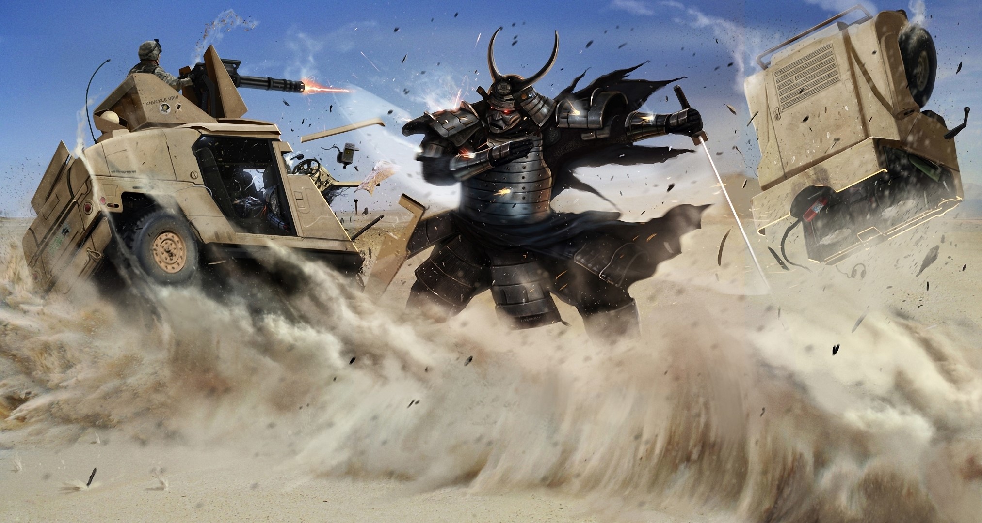 Samurai Warrior Fights Military Vehicles in Desert Battle HD Wallpaper
