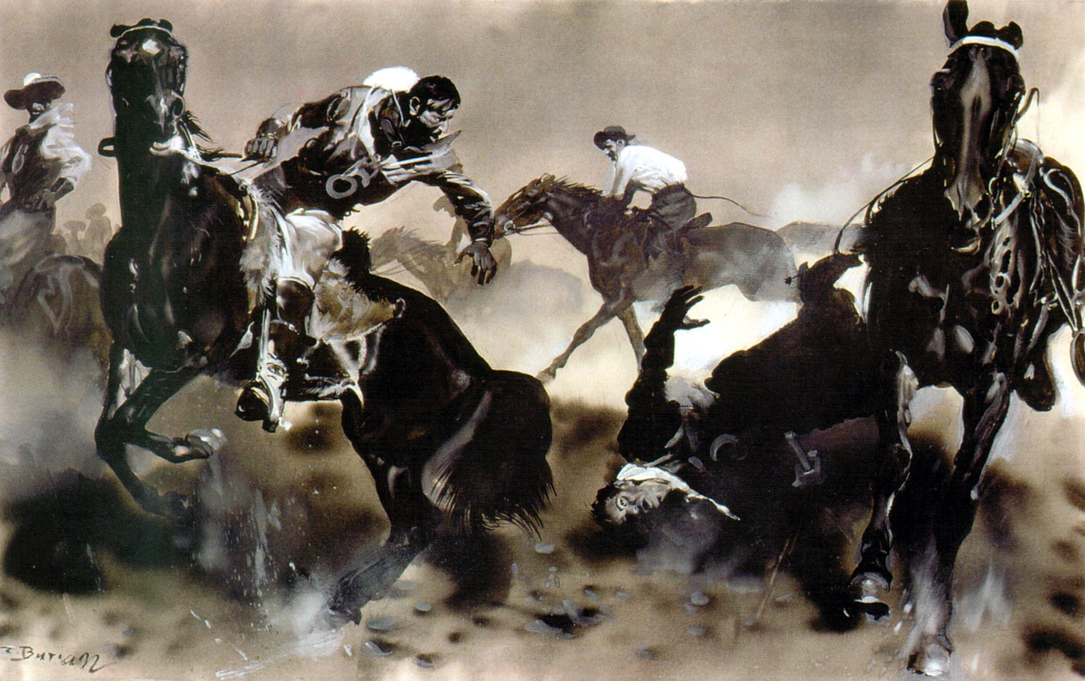 Cowboys and horses in a chaotic scene HD Wallpaper