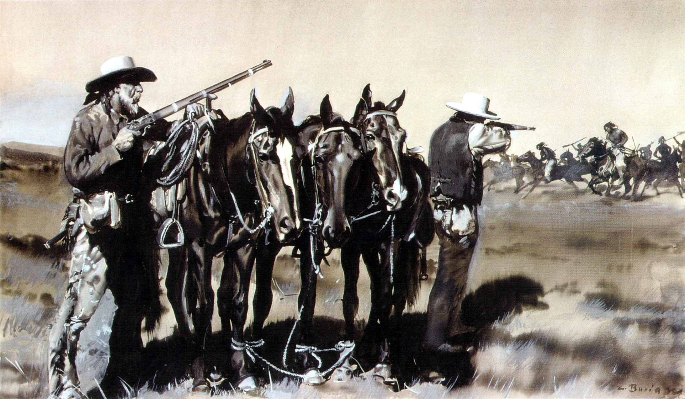 Cowboys with rifles and horses in a battle scene HD Wallpaper