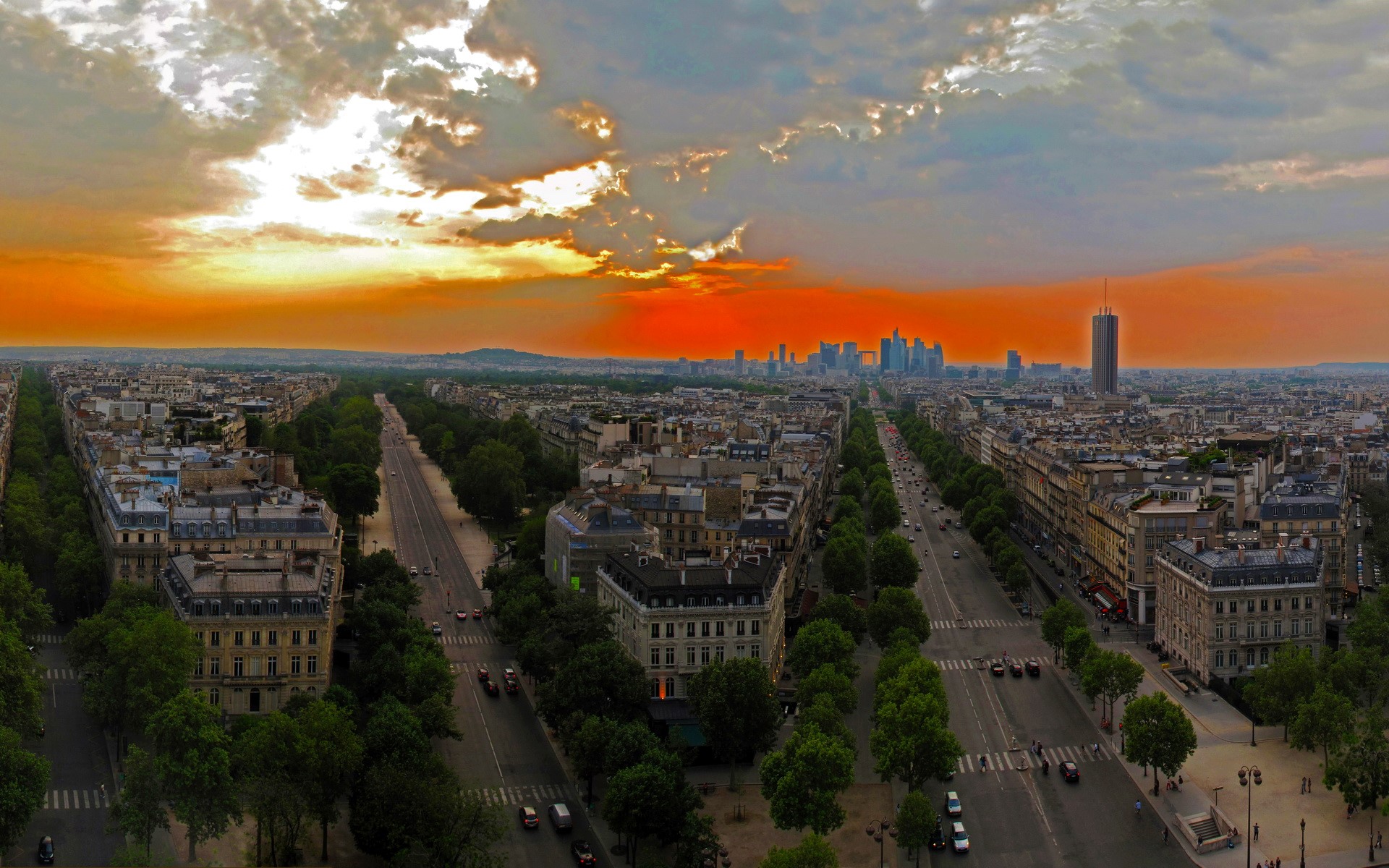 Parisian Avenue at Sunset with La Defense Skyline HD Wallpaper