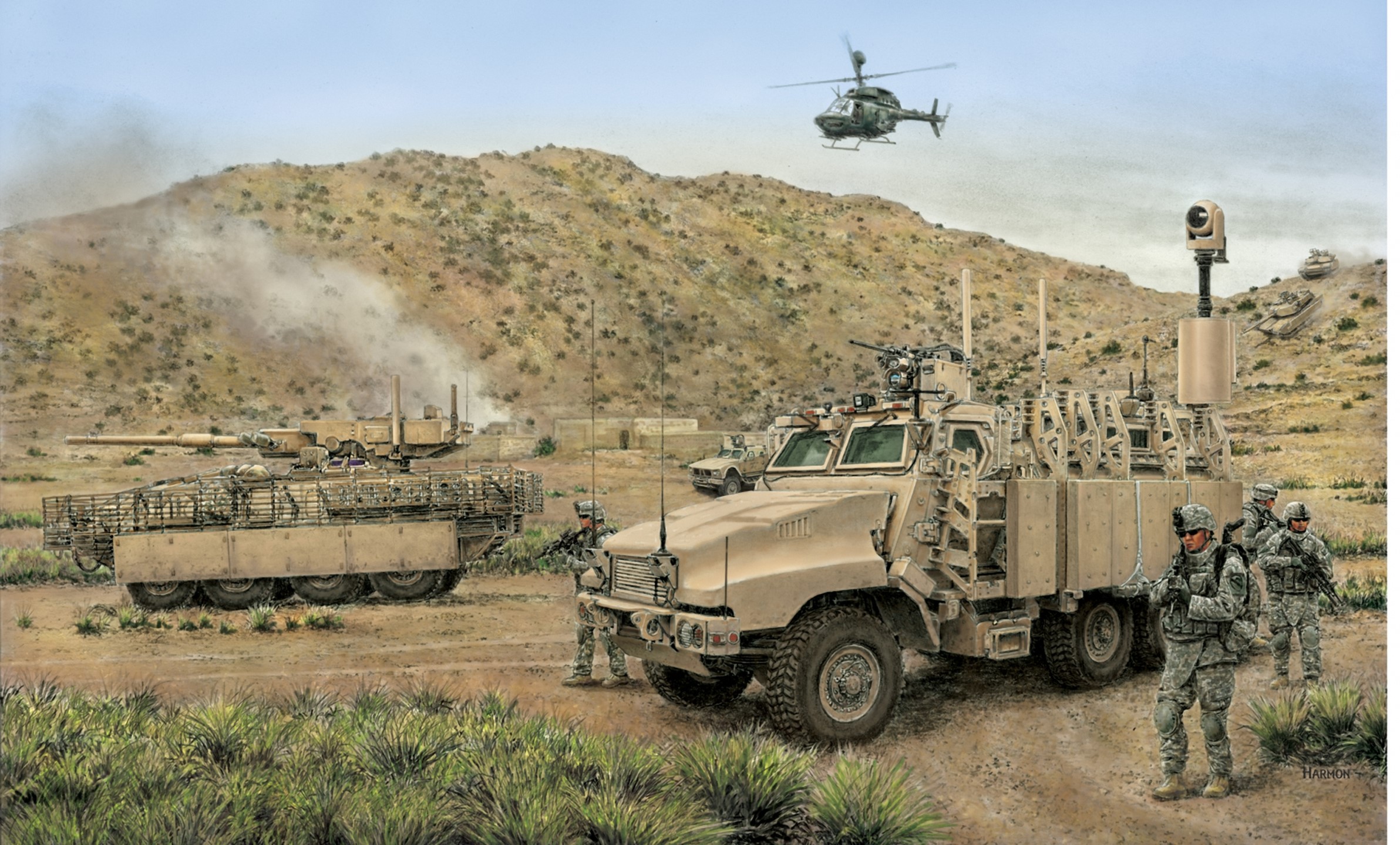 Military vehicles and soldiers in a desert landscape with helicopter HD Wallpaper