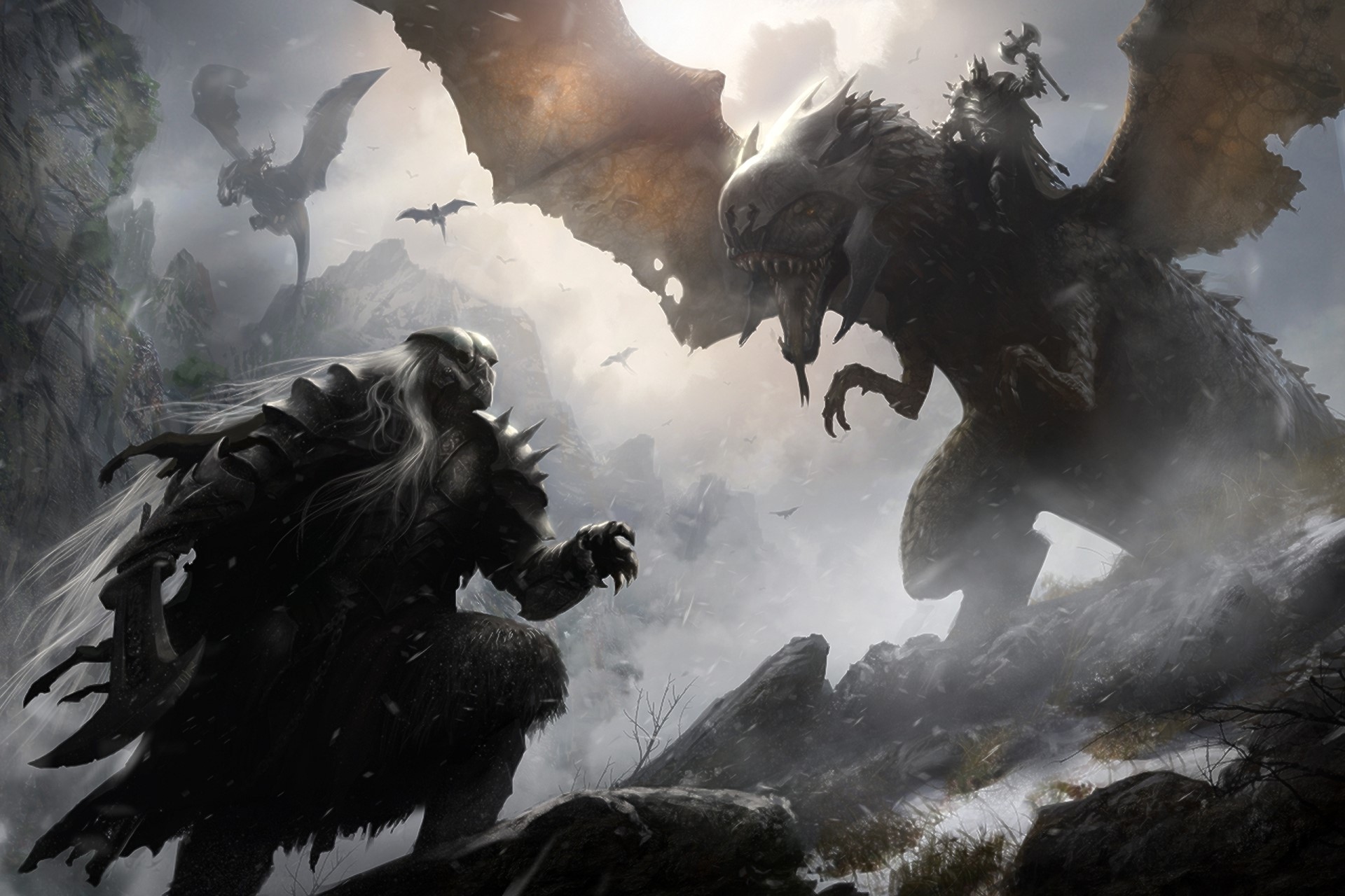 Orc warrior fighting a dragon in a mountain landscape HD Wallpaper