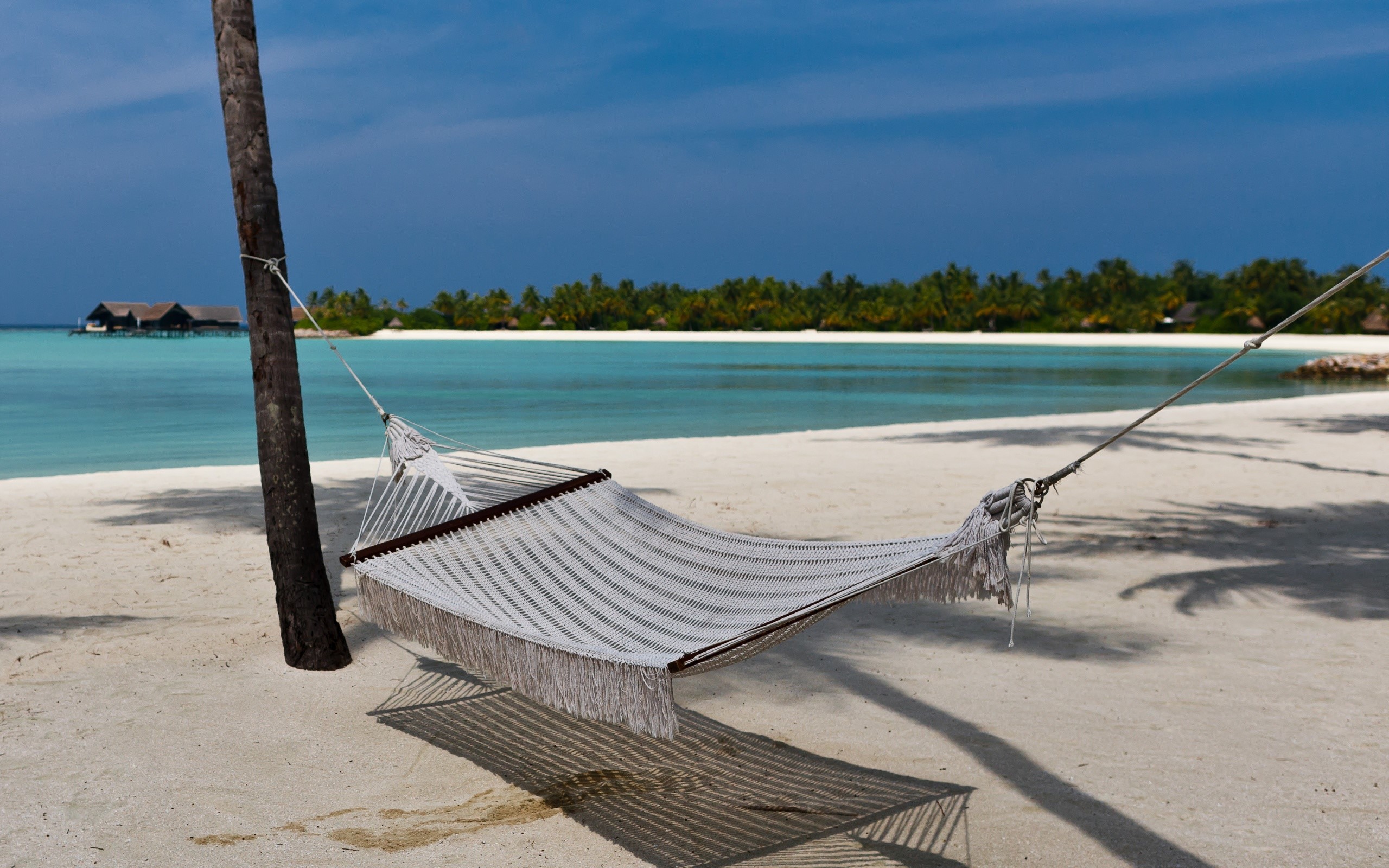 Hammock on a tropical beach with overwater bungalows HD Wallpaper