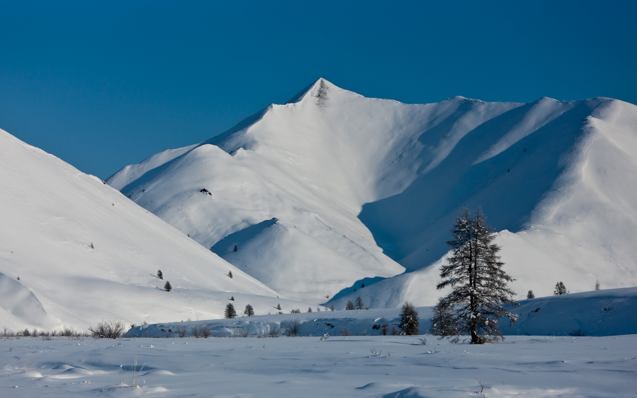Snowy mountains under a clear blue sky HD Wallpaper