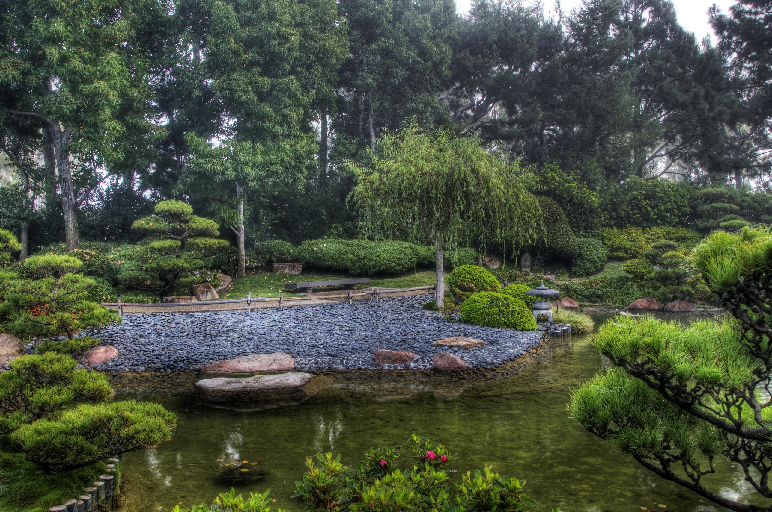 Japanese Garden with Pond and Trees HD Wallpaper