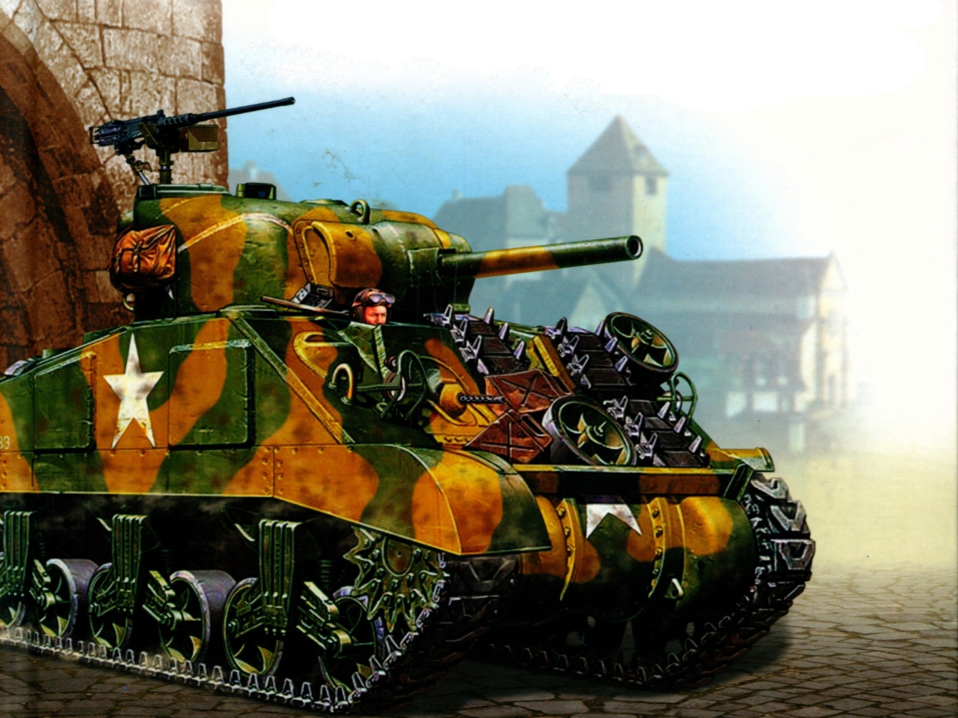 Camouflaged Sherman Tank with Machine Gun HD Wallpaper