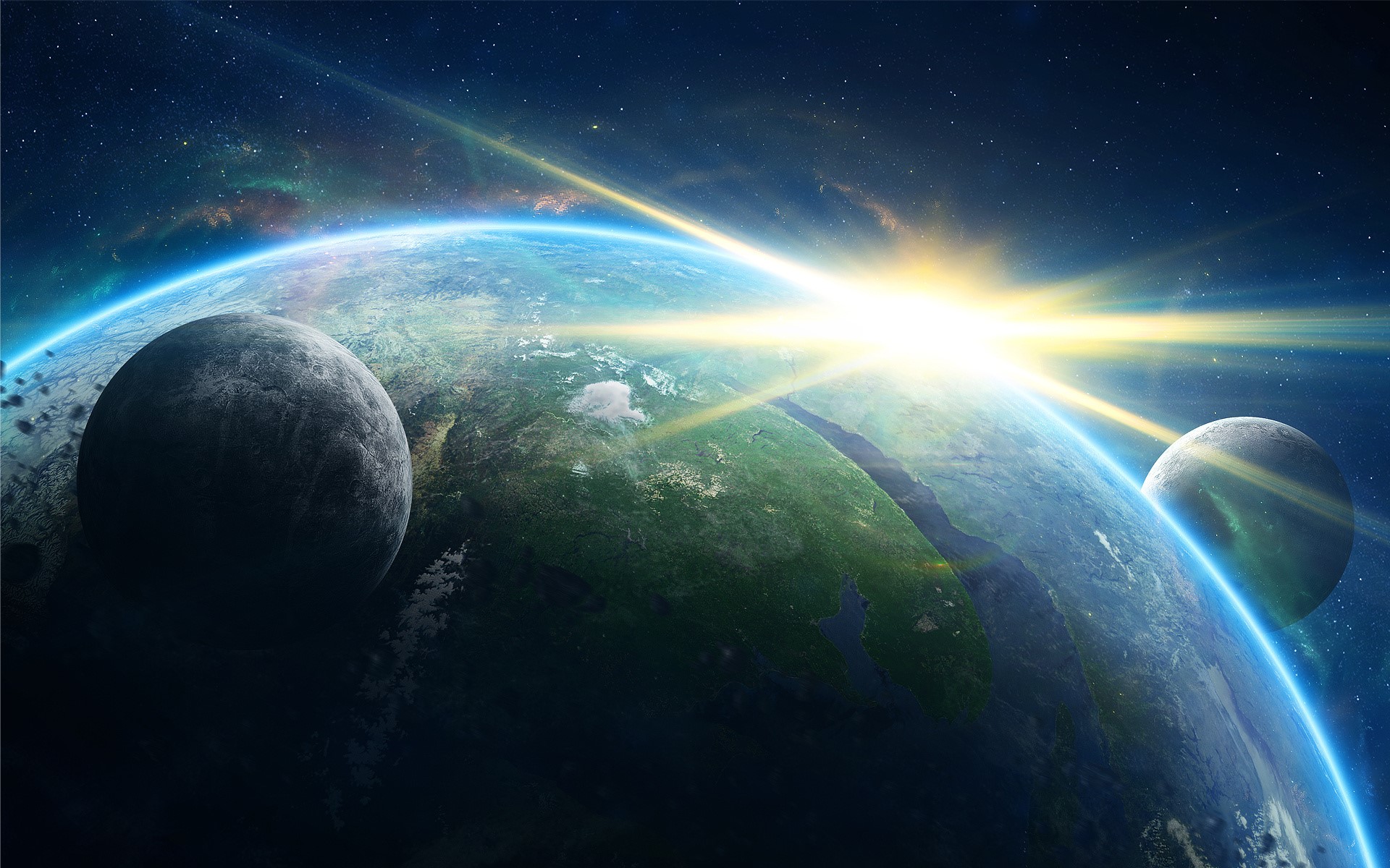 Sunrise over Earth with two moons HD Wallpaper