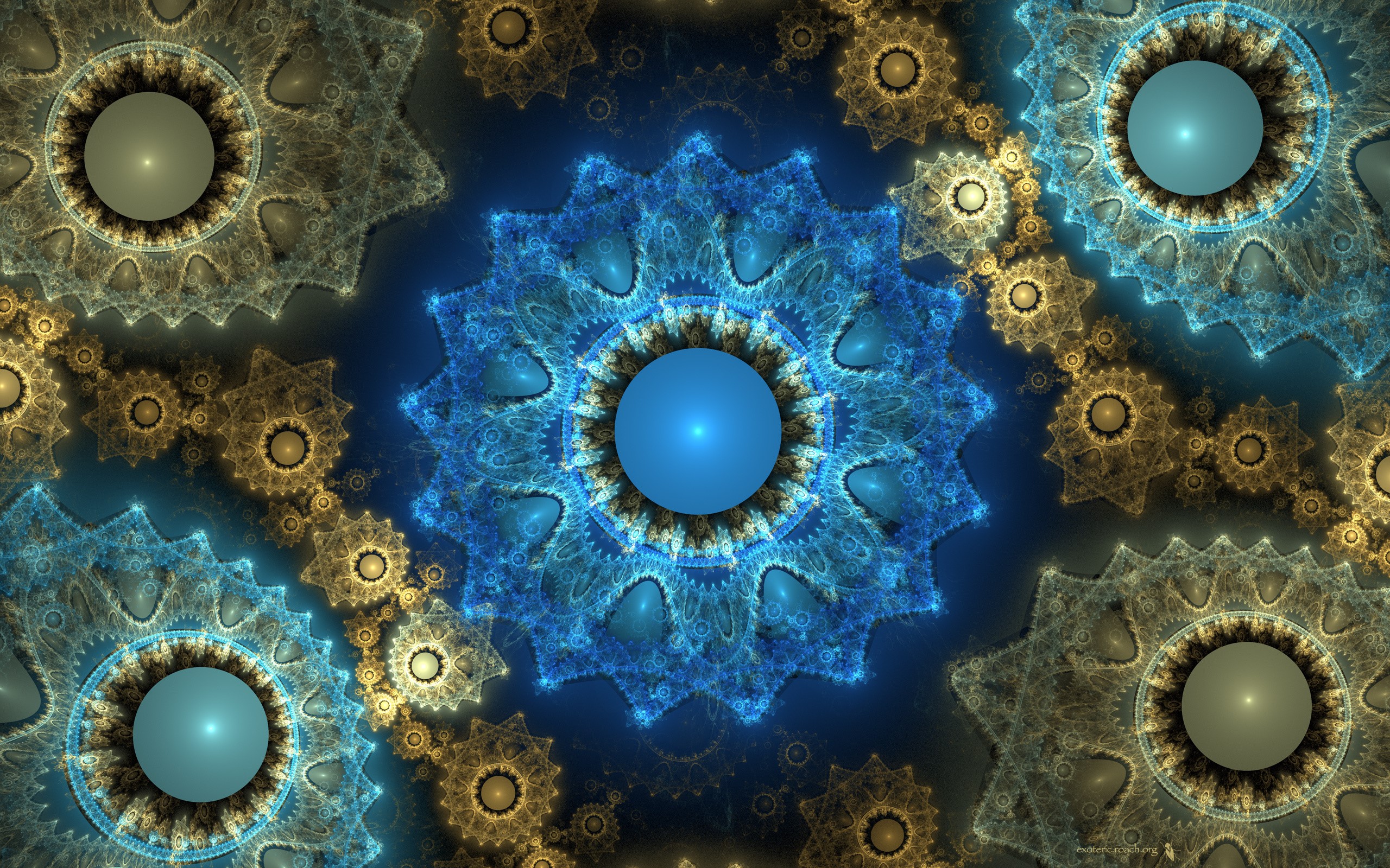 Abstract fractal art with blue and gold gears HD Wallpaper