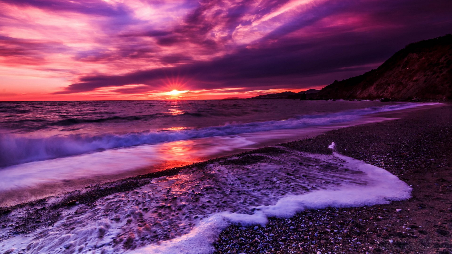 Purple sunset over a rocky beach and ocean HD Wallpaper