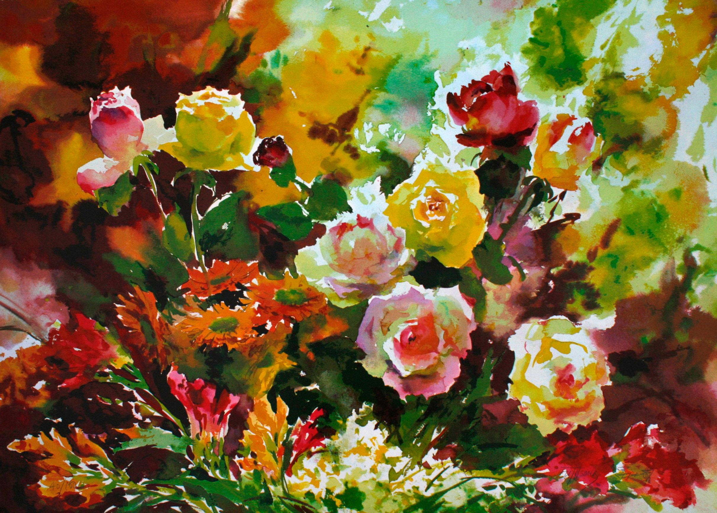 Watercolor painting of a bouquet of roses and other flowers HD Wallpaper