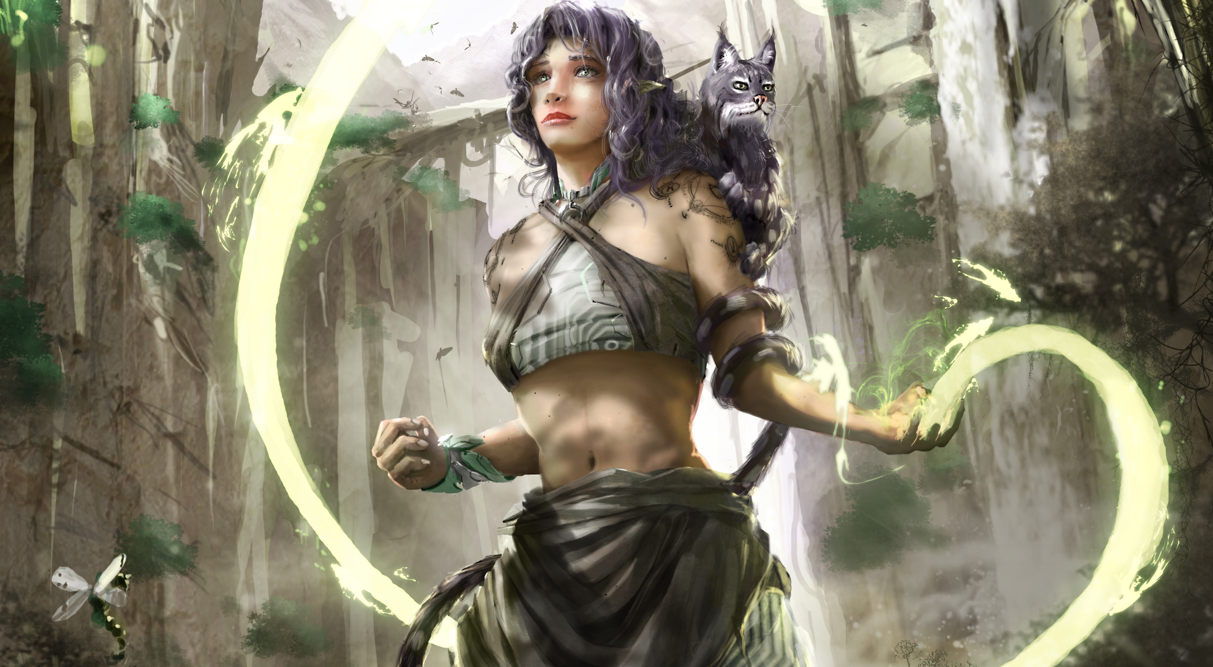 Woman with cat and magic in forest HD Wallpaper
