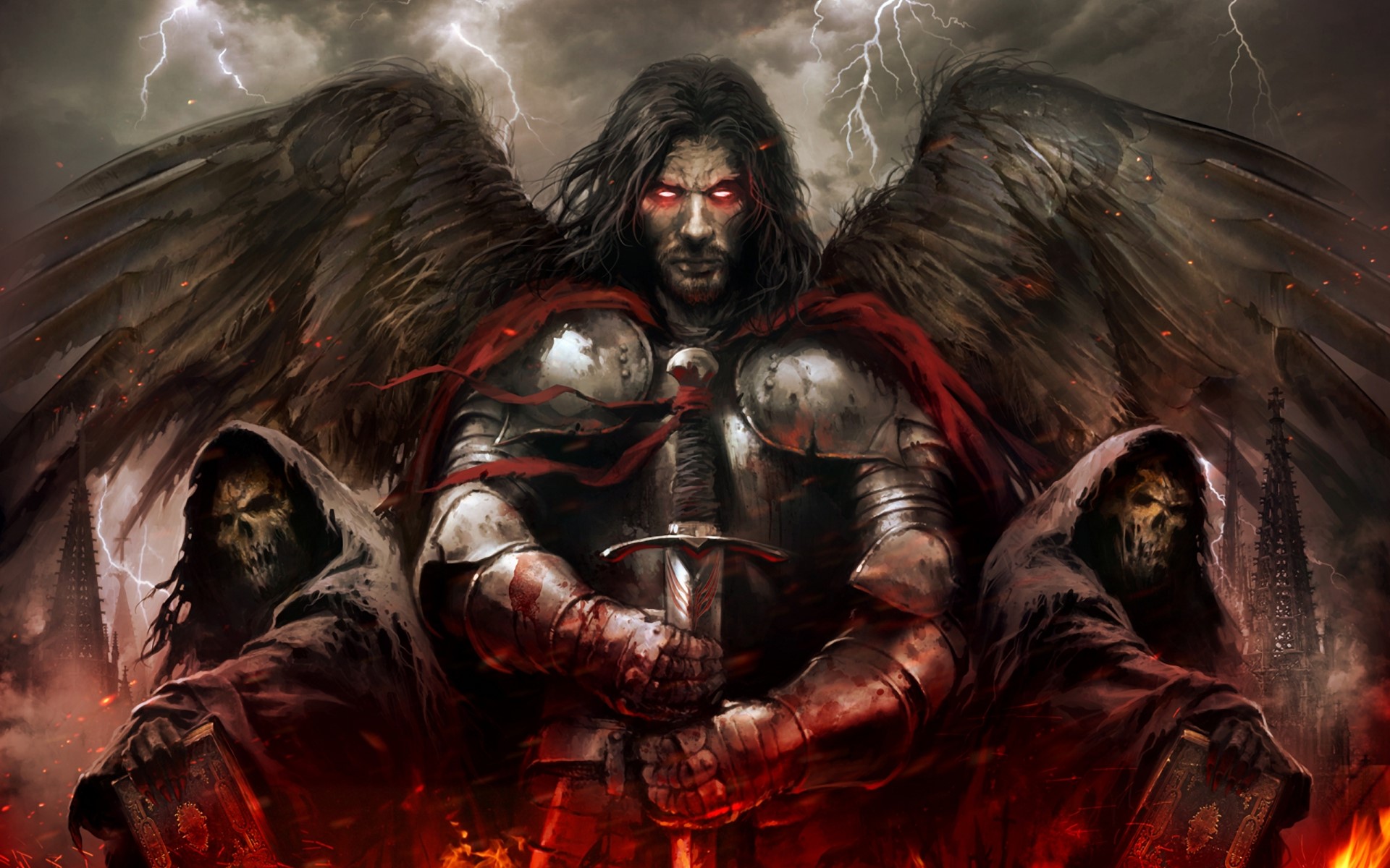 Winged warrior with glowing eyes and grim reapers HD Wallpaper