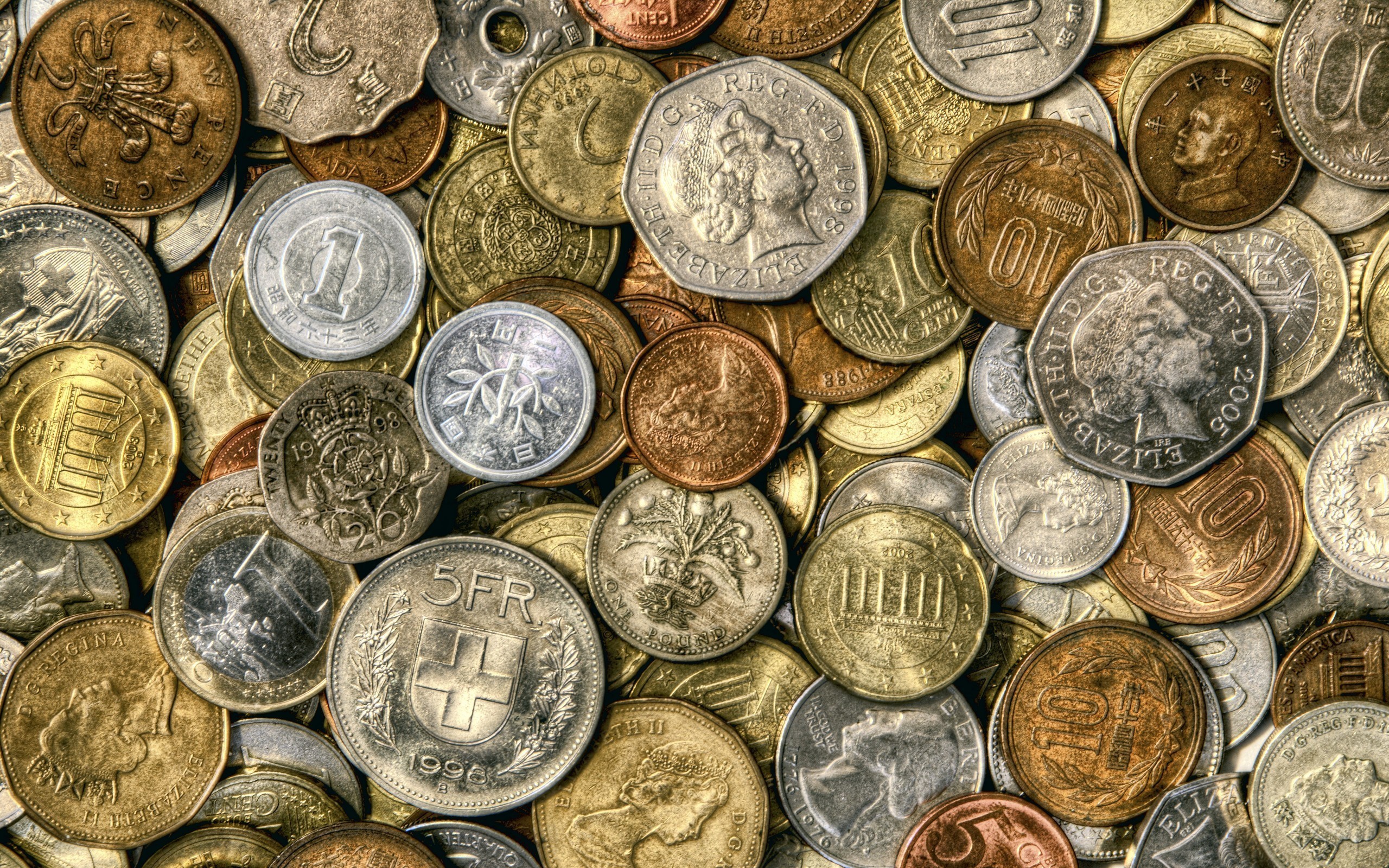A pile of various international coins HD Wallpaper