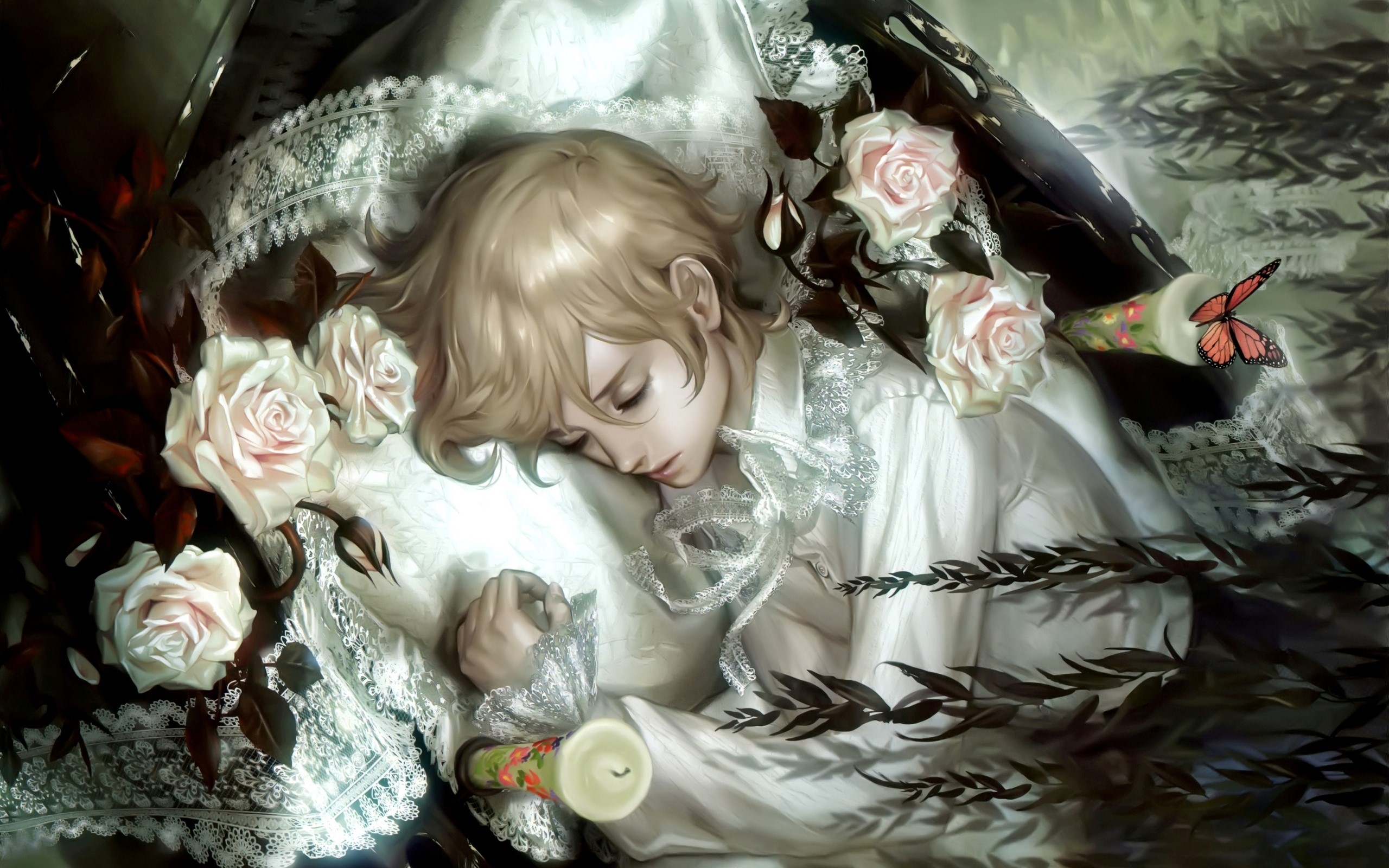 Young man sleeping surrounded by roses and a butterfly HD Wallpaper